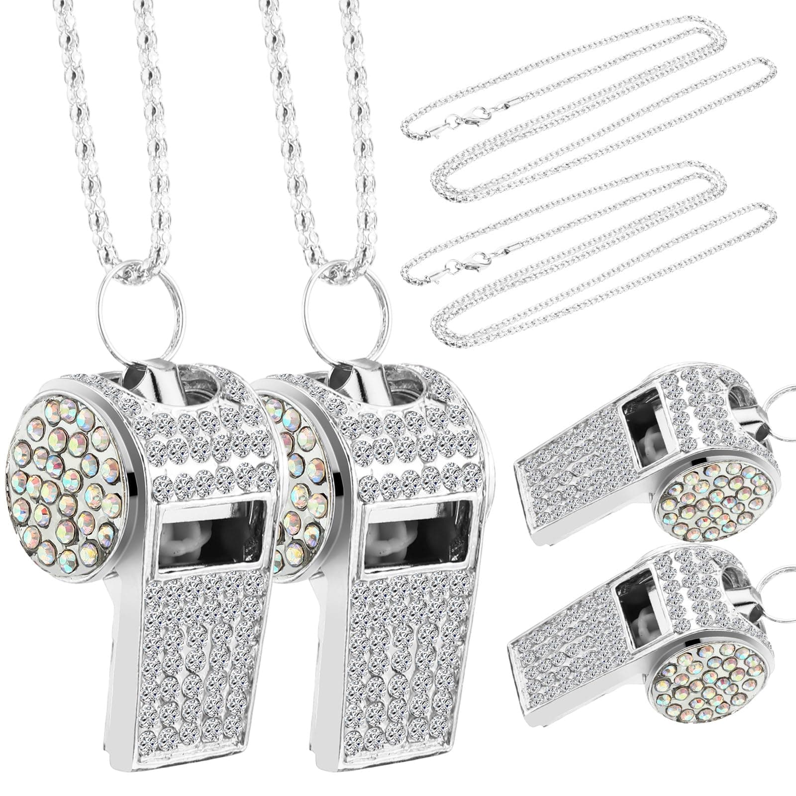 WinnerWhy 2 Pack Bling Whistle, Gold Whistle with Necklace, Glitter Metal Crystal Rhinestone Accessories for Party, Shining Loud Crisp Sound for Coach Captain Referee Teacher Training Gift(Silver)