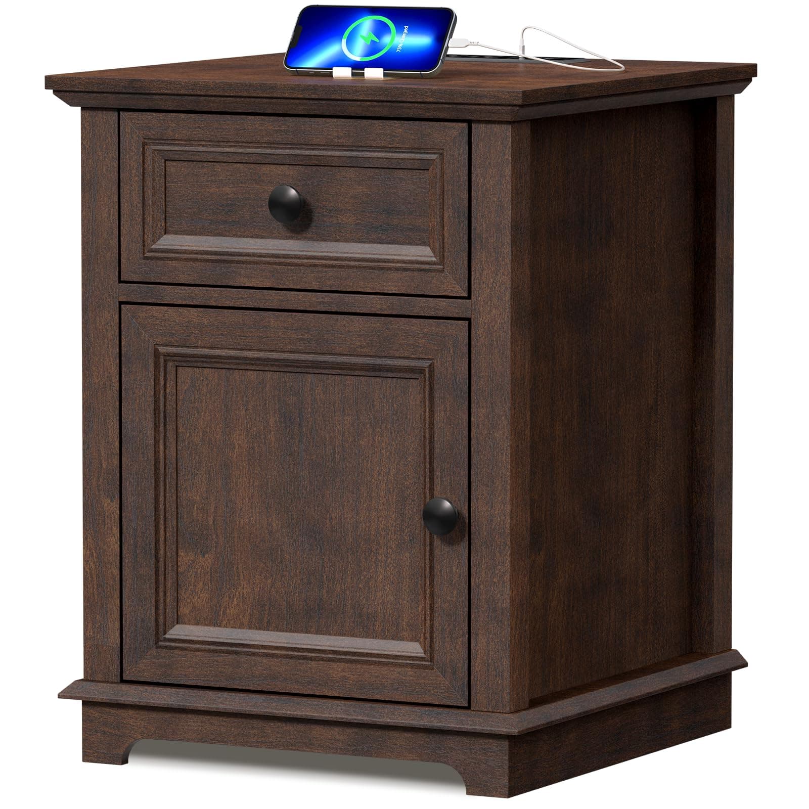 REDAYFUR 24" Tall End Table with Fast Charging Station, Square Side Table with Drawer & Large Storage Cabinet, Vintage Wooden Table for Living Room/Bedroom, Cherry