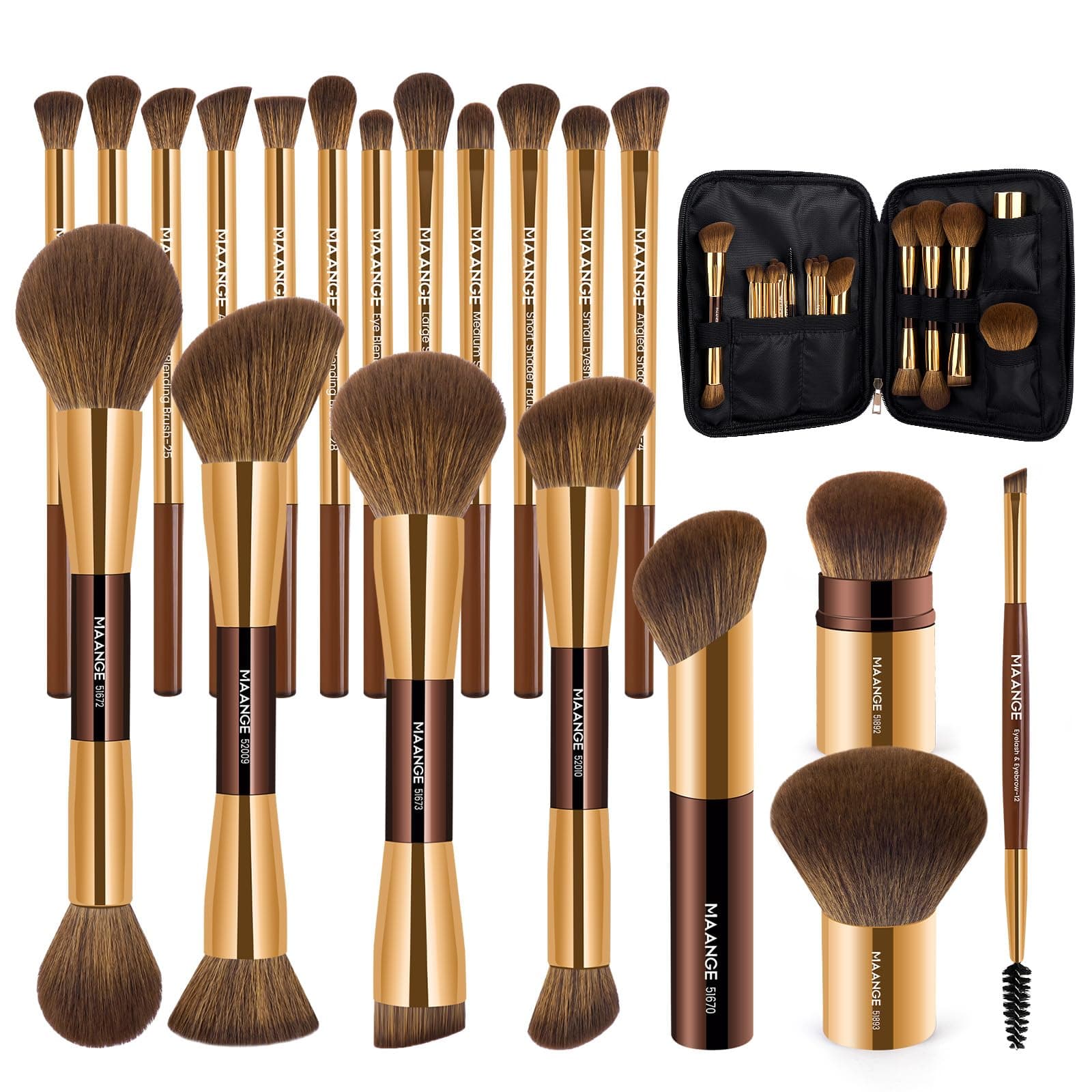 MAANGE Makeup Brushes 20 Pcs with Gift Bag, Double-End Multi-functional Makeup Brushes for Blending Liquid Powder Concealer Cream Blush Buffe,Coffee Gold