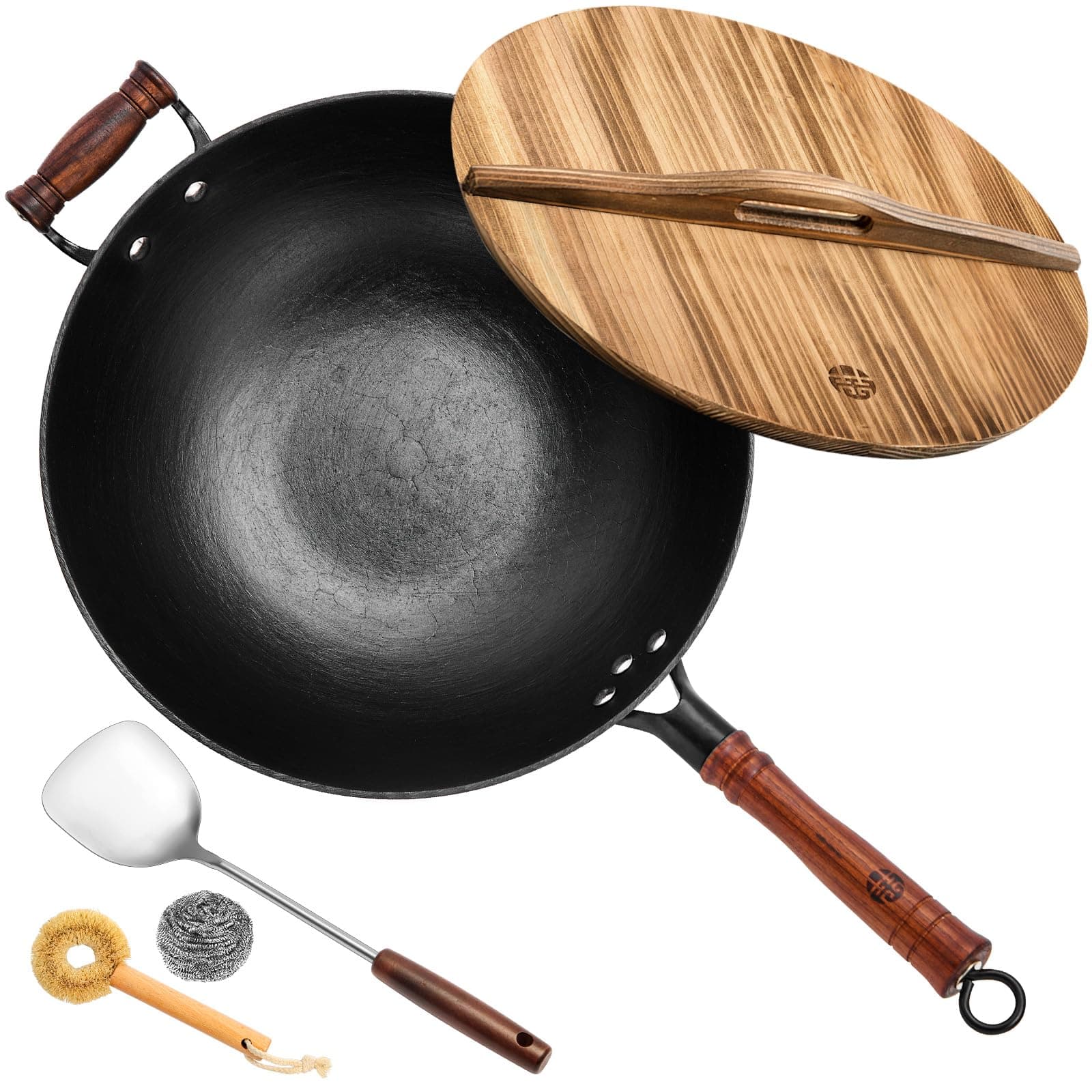 WANGYUANJI 13.4 Inch Cast Iron Wok Pan with Lid, Flat Bottom Uncoated Stir Fry Skillet, Heavy Duty Chinese Iron Pot for Family Cooking, Induction & Gas Stoves Compatible