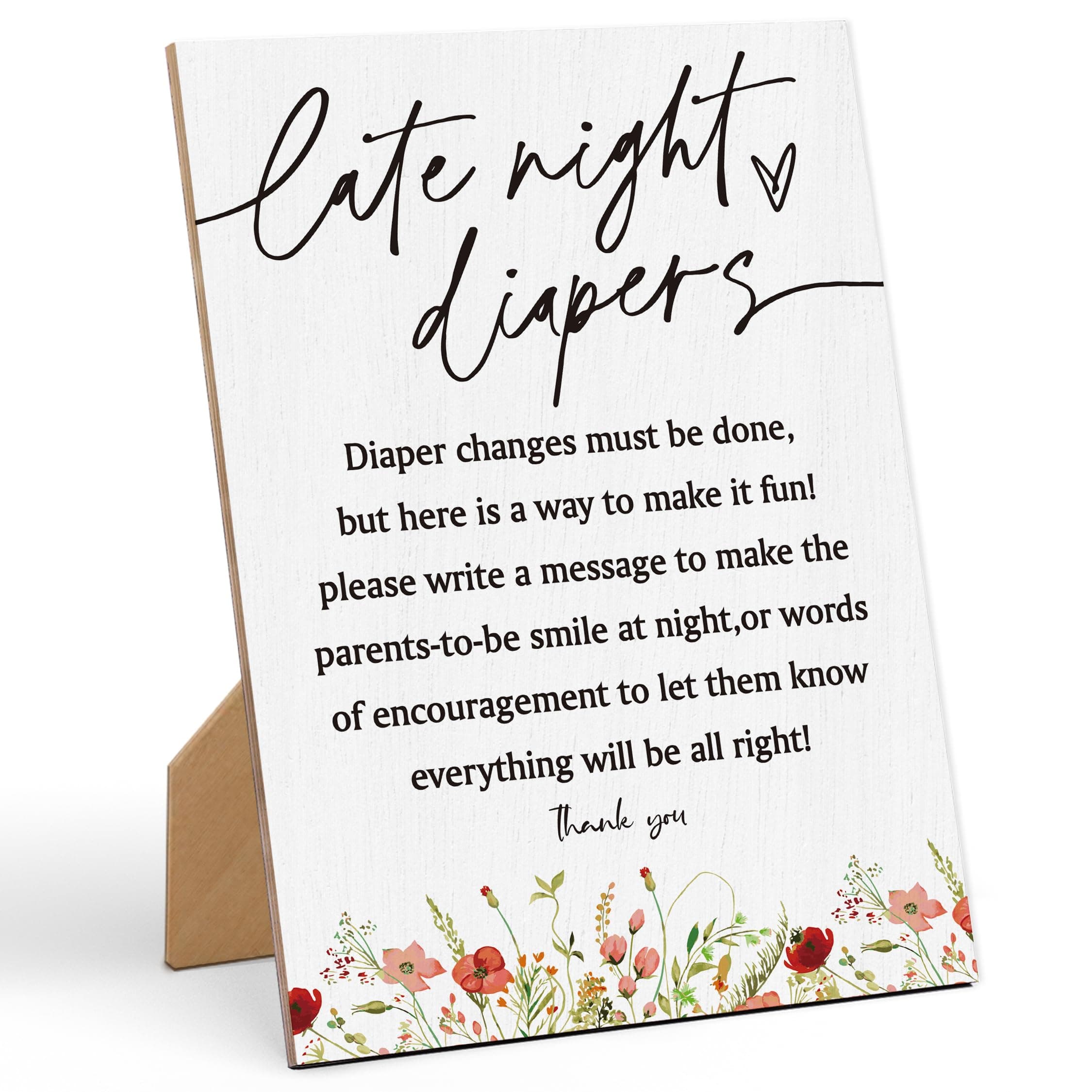 Baby Shower Games Late Night Diapers Sign-8×11 Inches, Wildflower Wooden Sign, Gender Neutral Tabletop Decor for Gender Reveal Party, Baby Shower Party Supplies Decoration-LA48