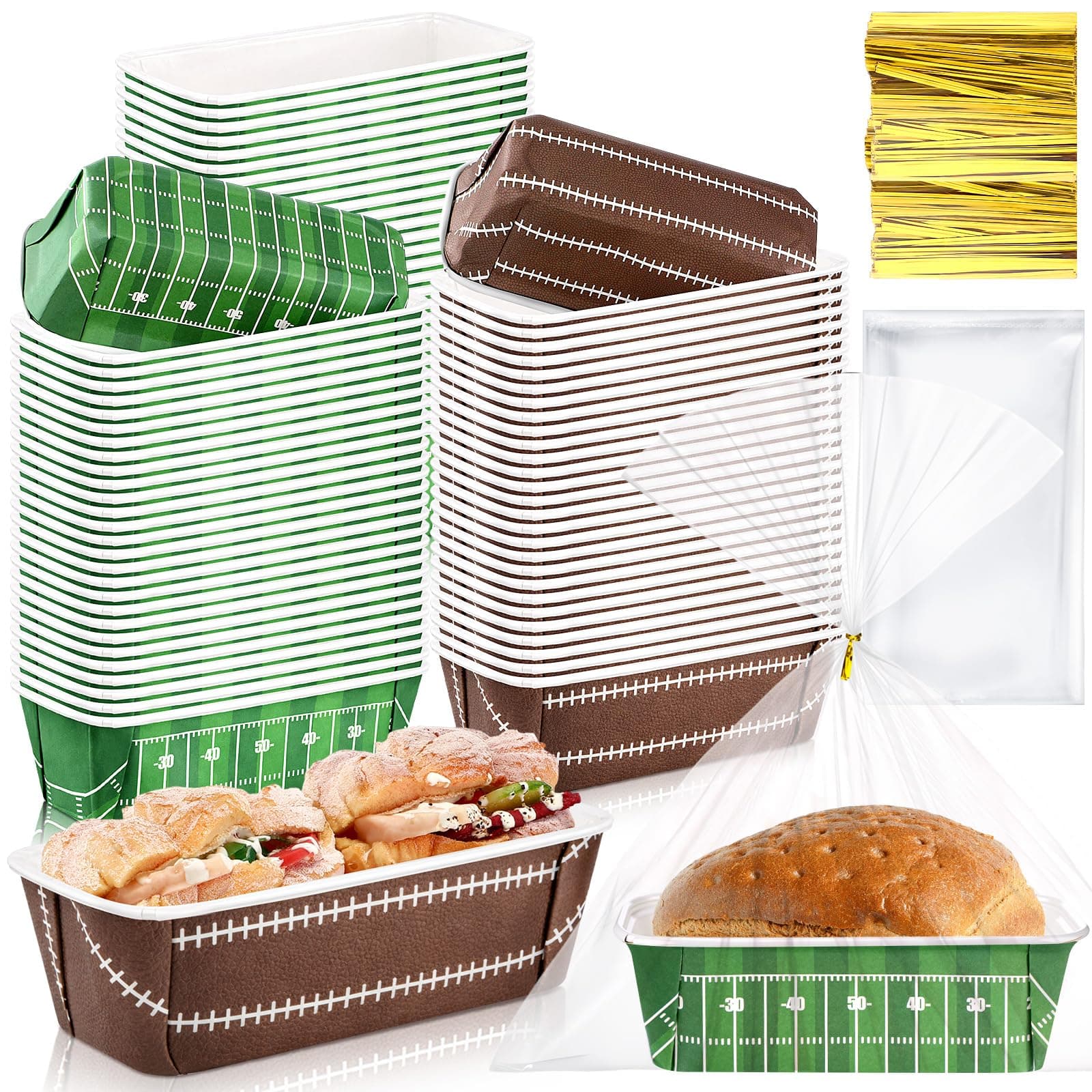 Honeydak 100 Sets Football Game Paper Baking Pans Bulk Paper Loaf Pans for Baking 6.3 x 2.2 x 2.2 in Disposable Serving Trays Field & Ball Pattern the Big Game Party Supplies (Football)