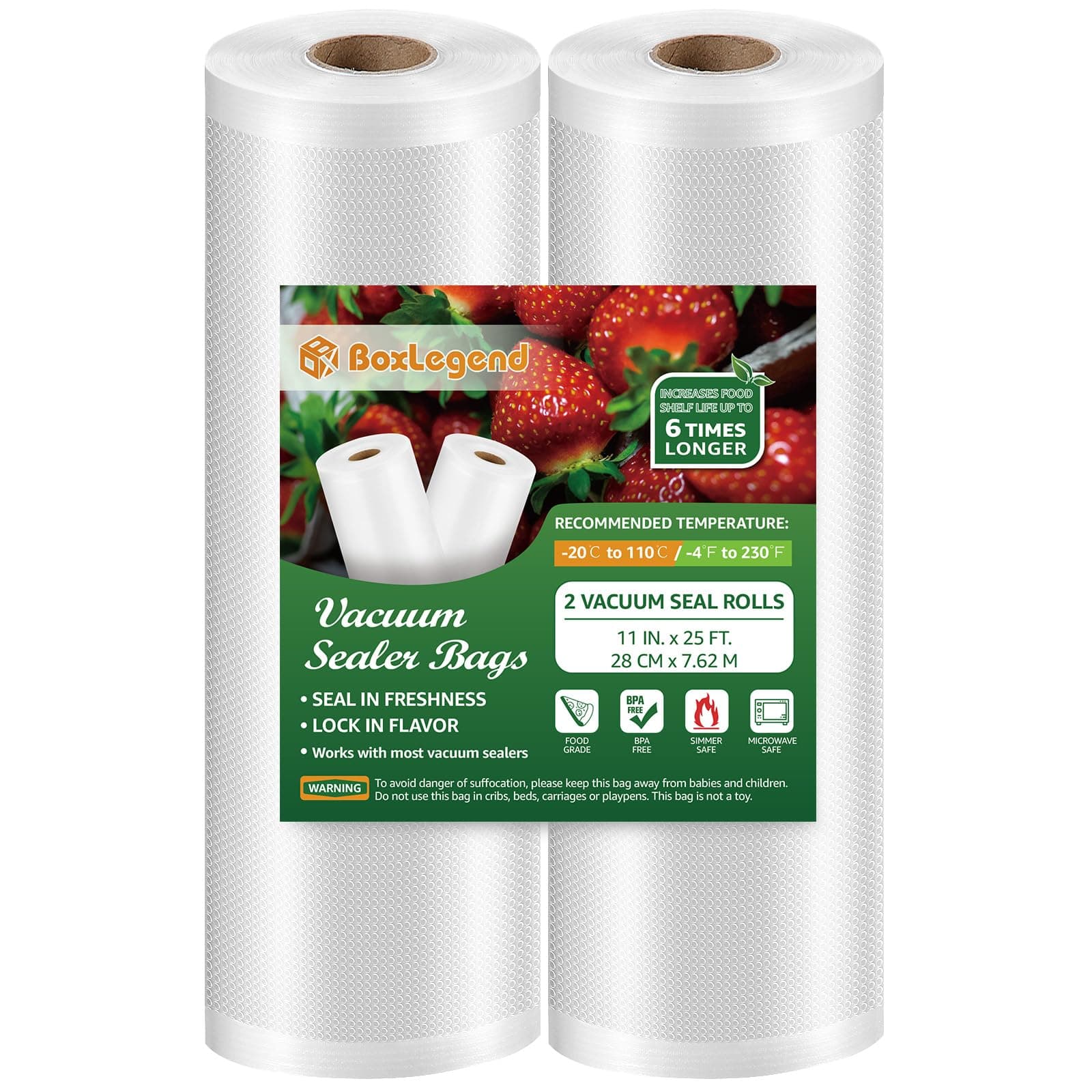 BoxLegend Vacuum Sealer Bags 11" x 25' 2 Rolls for Food