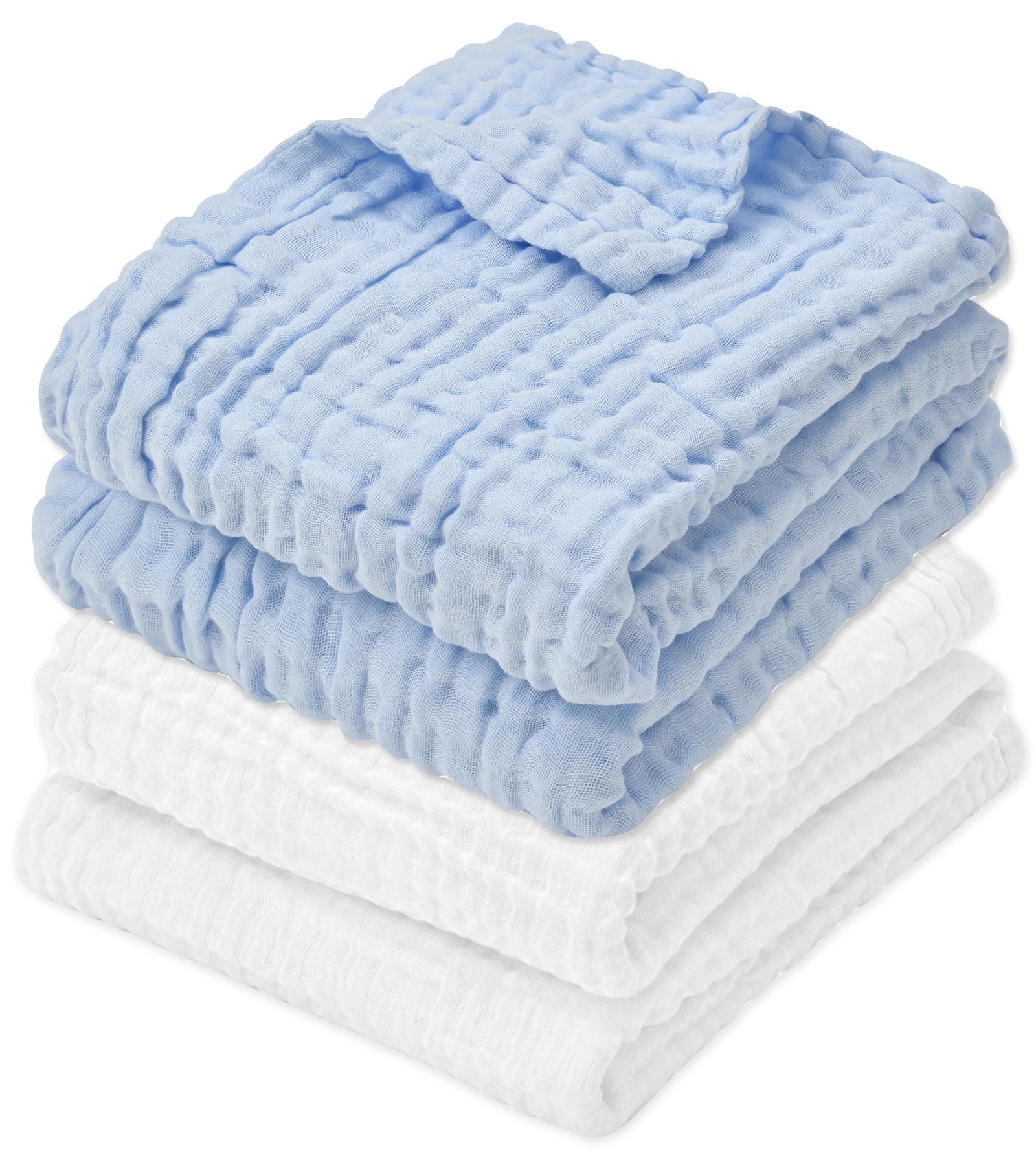 Aablexema Muslin Baby Blanket 6-Layer 43"x43", 2-Pack(White & Blue)
