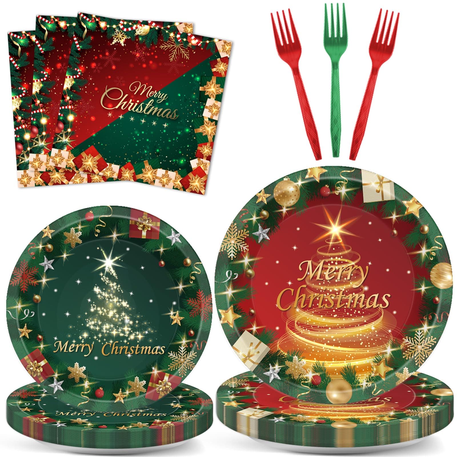 gisgfim 96PCS Christmas Plates and Napkins Red and Green Christmas Party Supplies Xmas Tree Tableware Set Winter Holiday Dinner Dessert Disposable Dinnerware for Merry Christmas Party Decorations