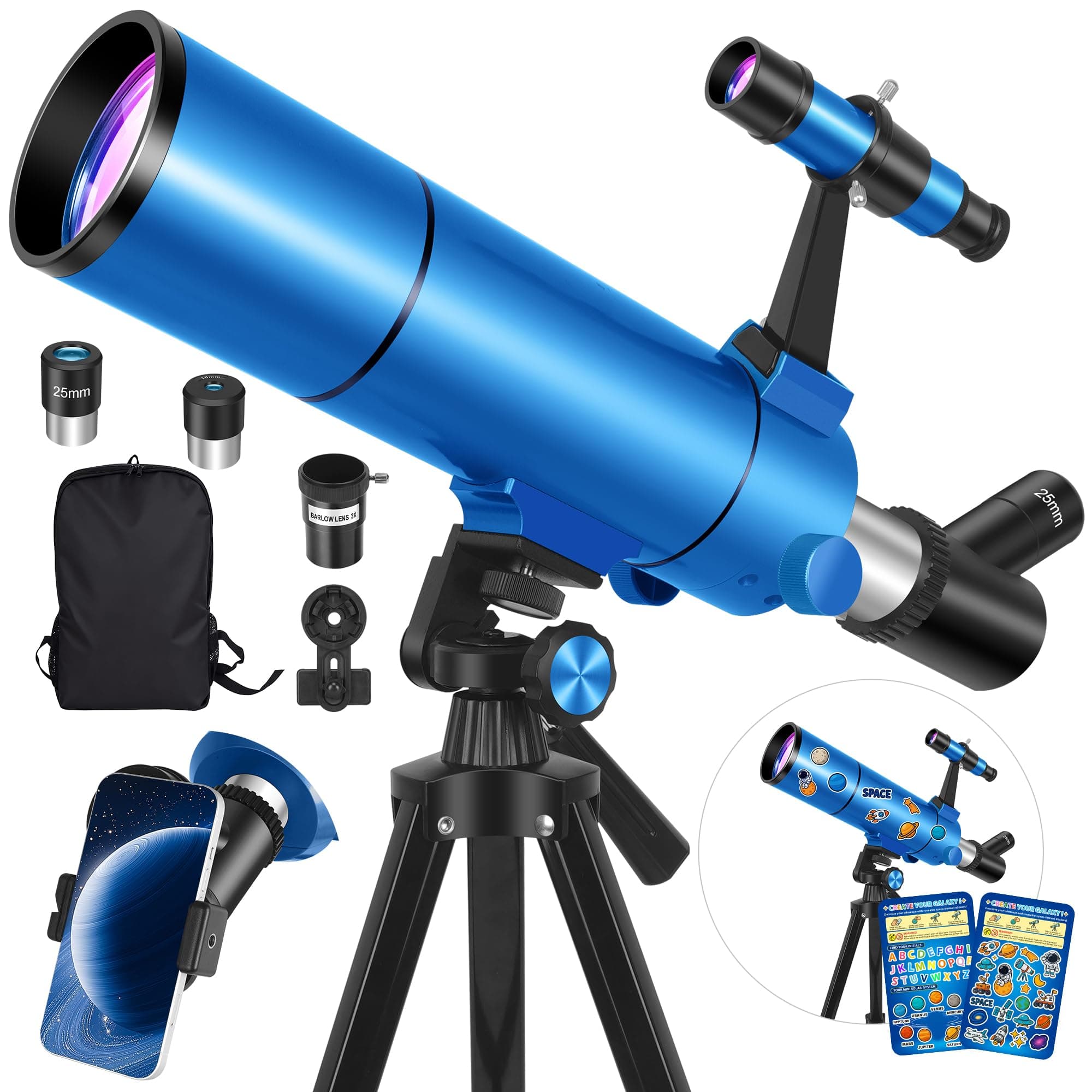 HUGERSTAR Telescope for Adults Astronomy Professional, 80mm Aperture 500mm (20X-150X) Refractor Telescope for Beginners, Portable Travel Telescopes with Tripod, Phone Adapter, Stickers & Backpack