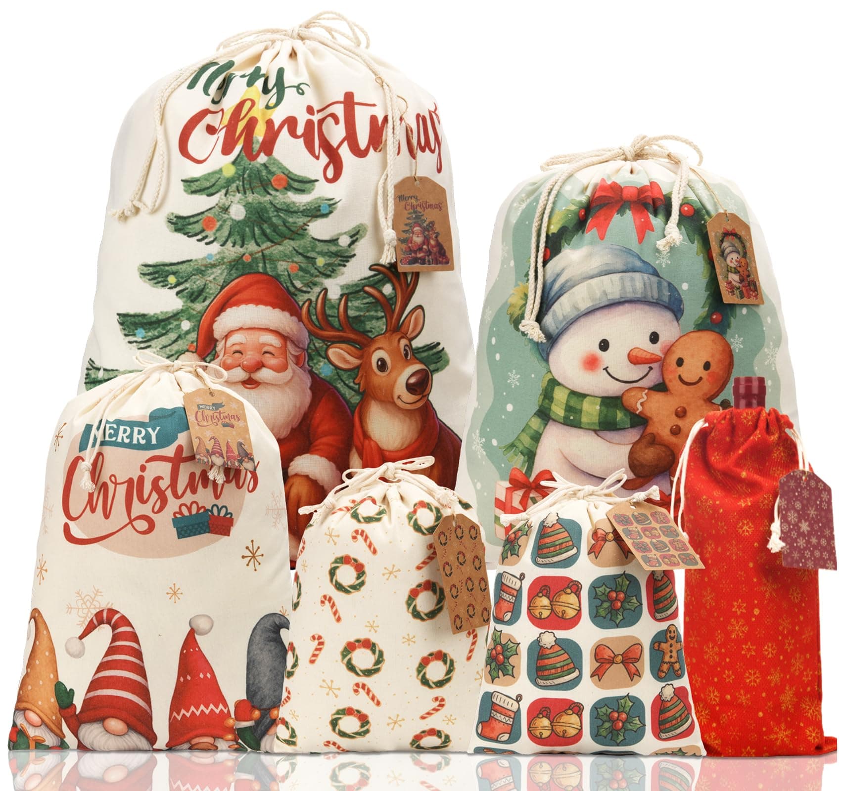 AhfuLife 6 Pcs Christmas Drawstring Gift Bags, Reusable 5 Sizes Xmas Canvas Bags with 6 Pcs Gift Tags, Large Christmas Sacks for Gift Present Party Decorations