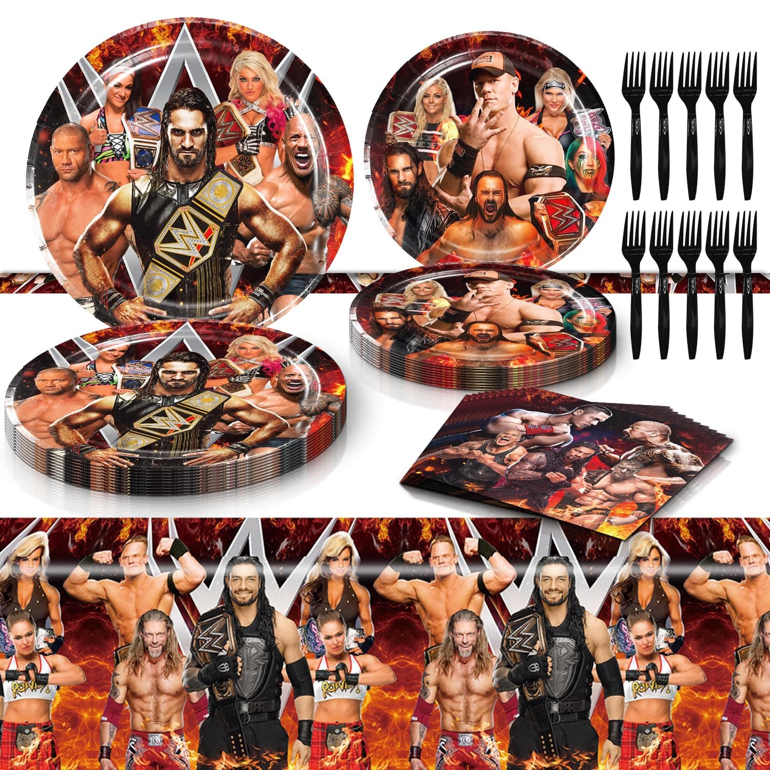 Wrestling Birthday Party Tableware Set - Includes Wrestling Theme Tablecloth, Plates, Napkins, Forks for Boxing Party Decorations