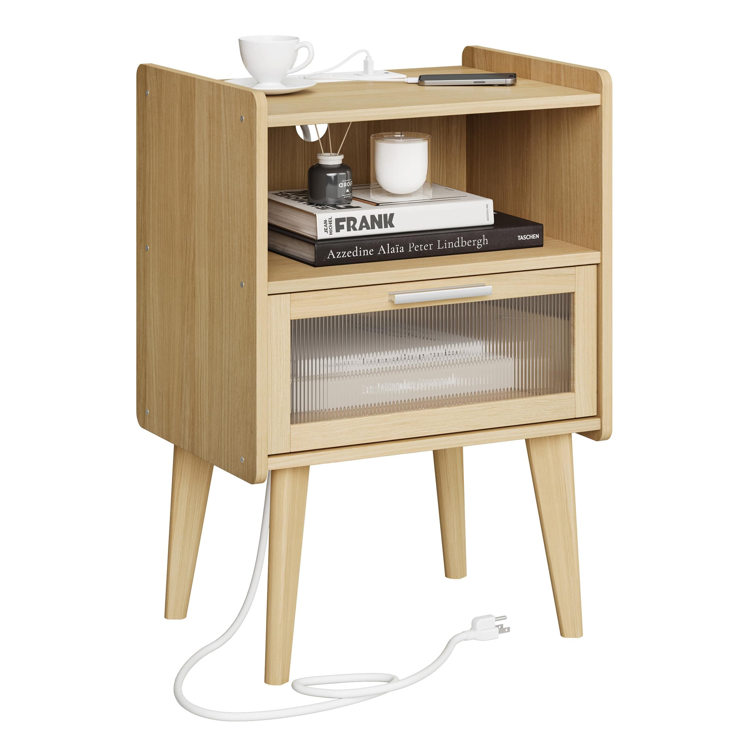 Nightstand with Charging Station, Bedside Tables with Glass Decorative Door, Natural End Table, Side Table with 2 Tiers Storage Space for Bedroom Living Room CAMLBZ07YE