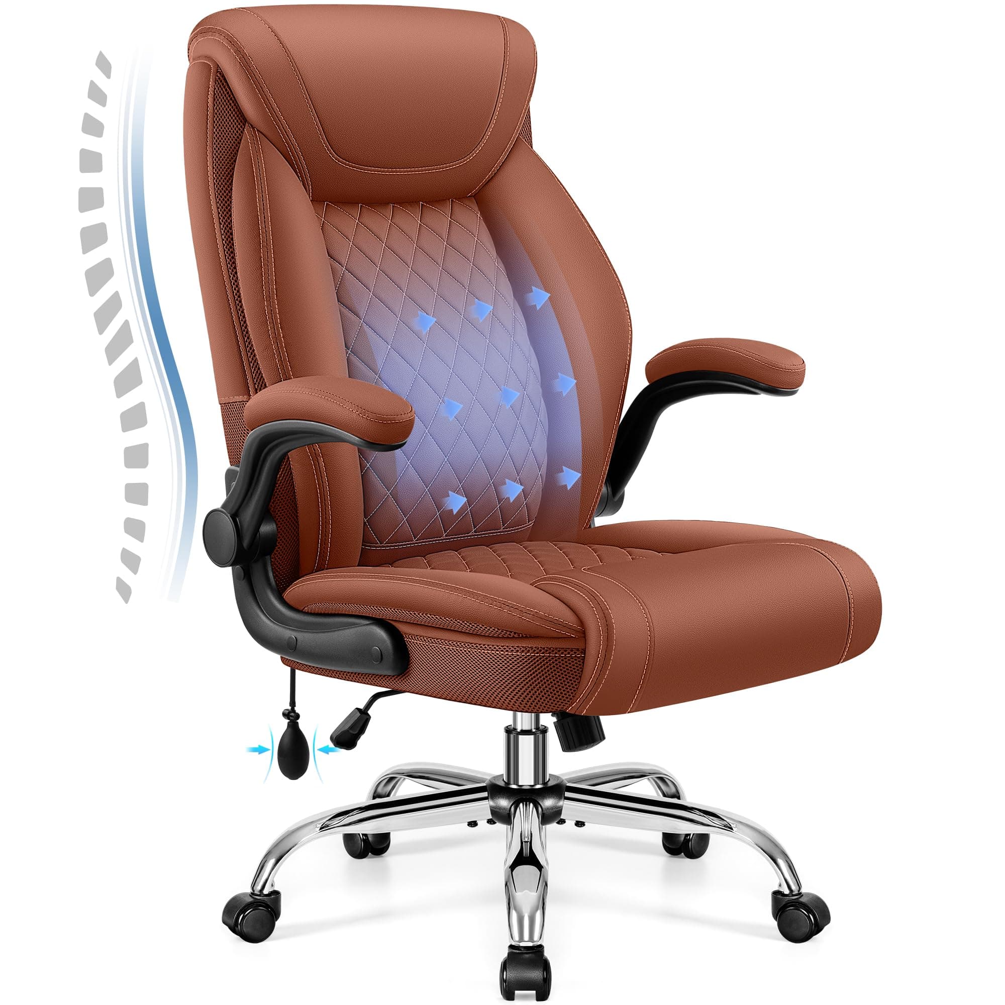 BestGlory Executive Office Chair with Lumbar Support, Big and Tall Ergonomic Computer Desk Chair, Leather Comfy High Back Gaming Chair with Flip Up Arms & Rocking Function for Home Office, Brown
