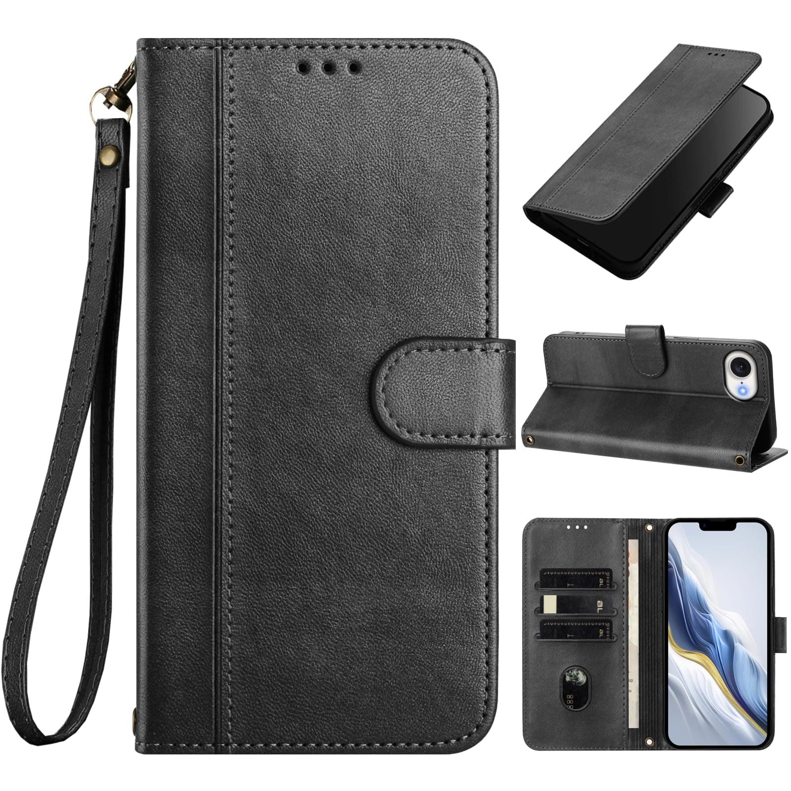 Alkax for iPhone 16e Case Wallet, Card Holder Slots, PU Leather Flip Folio Phone Cover, Wrist Strap, Magnetic Closure Kickstand Shockproof Protective Cases for iPhone 16e 2025, Black