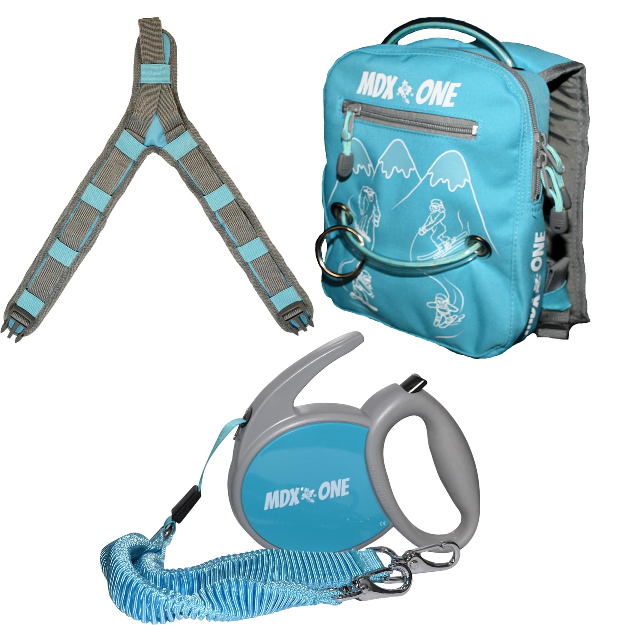 MDXONE Kids Ski & Snowboard Harness Trainer – Aqua | Retractable Leash + Absorb Bungees for Toddlers & Children