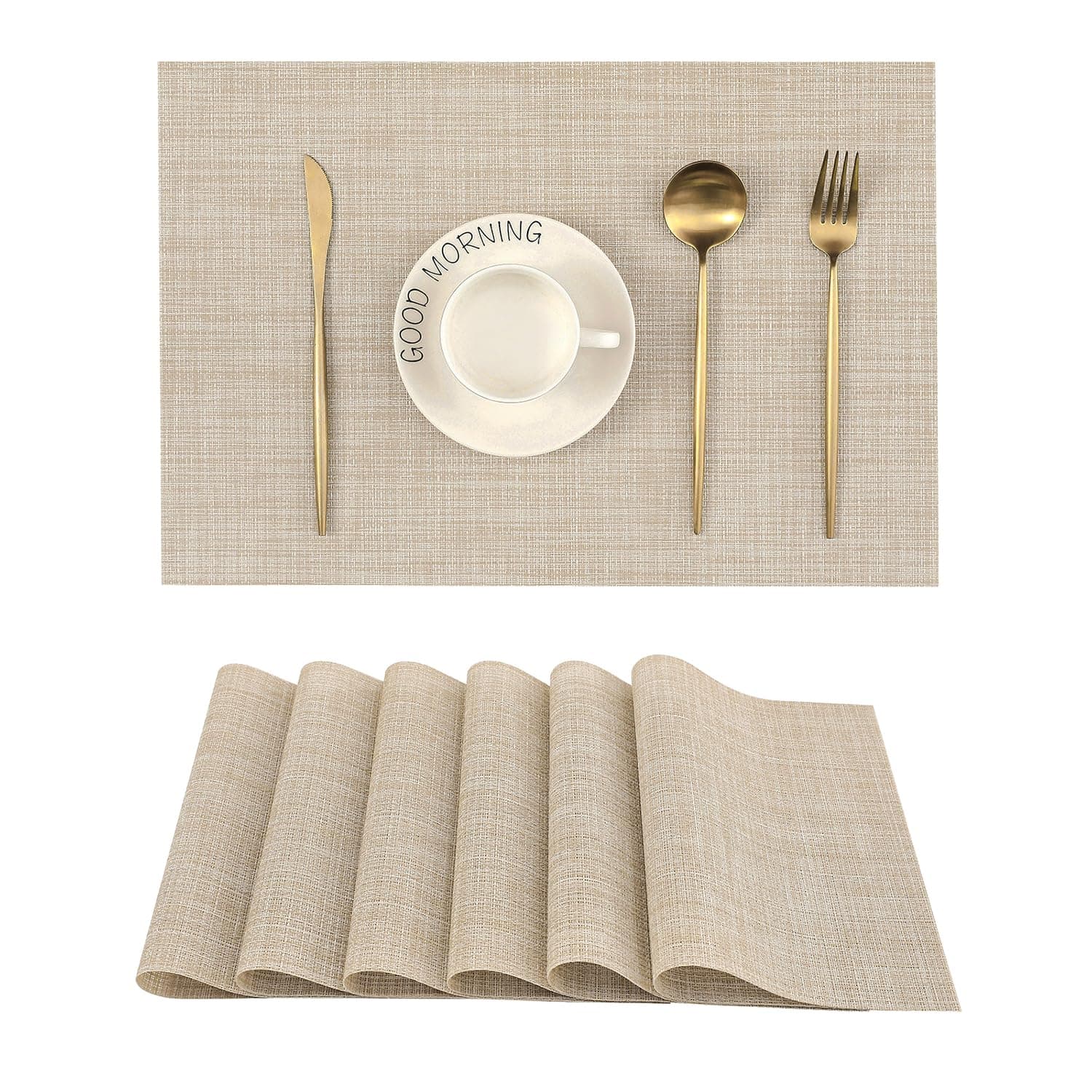 Leetaltree Beige Placemats Set of 6 - Heat Resistant Non-Slip Place mats for Dining Table, Washable Durable PVC Vinyl Woven Table Mats(Beige, 6)