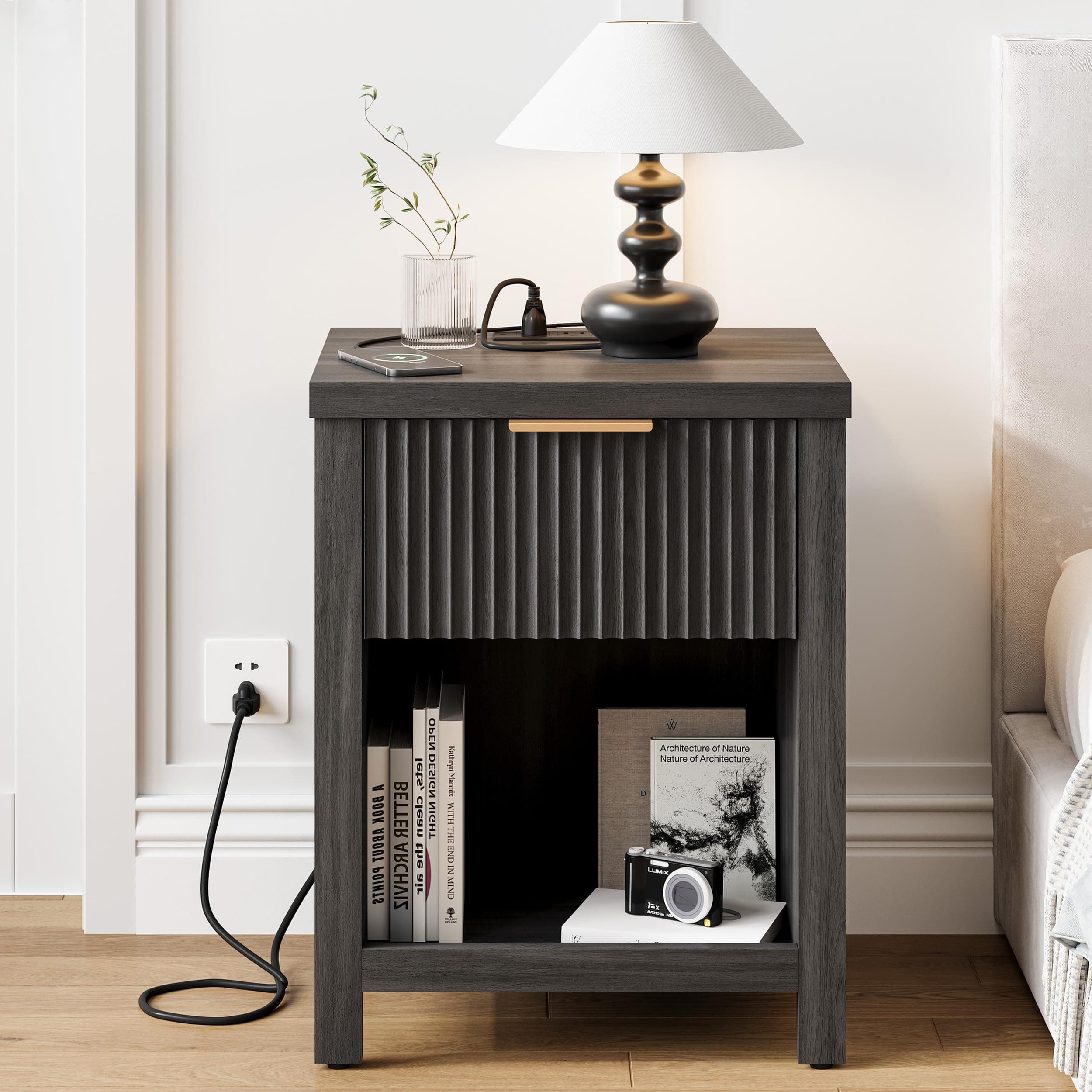Fluted Nightstands with Charging Station, Night Stand with Drawer, Modern Beside Table with Open Shelf, Large End Table, Wood Side Table for Bedroom (1, Grey Black with Charging Station) BNS101BGE