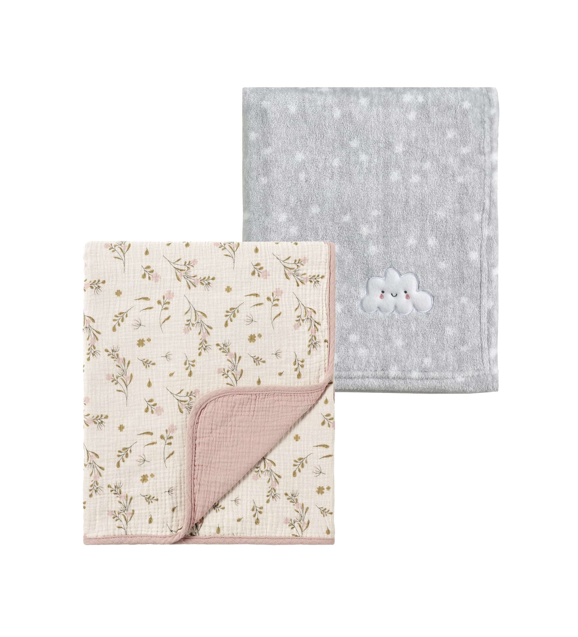 CREVENT 2Pcs 30''X40'' Cute Cozy Fluffy Warm Baby Blankets for Infants Toddlers' Bedding Crib Cot Stroller - Grey Cloud + Muslin Flower