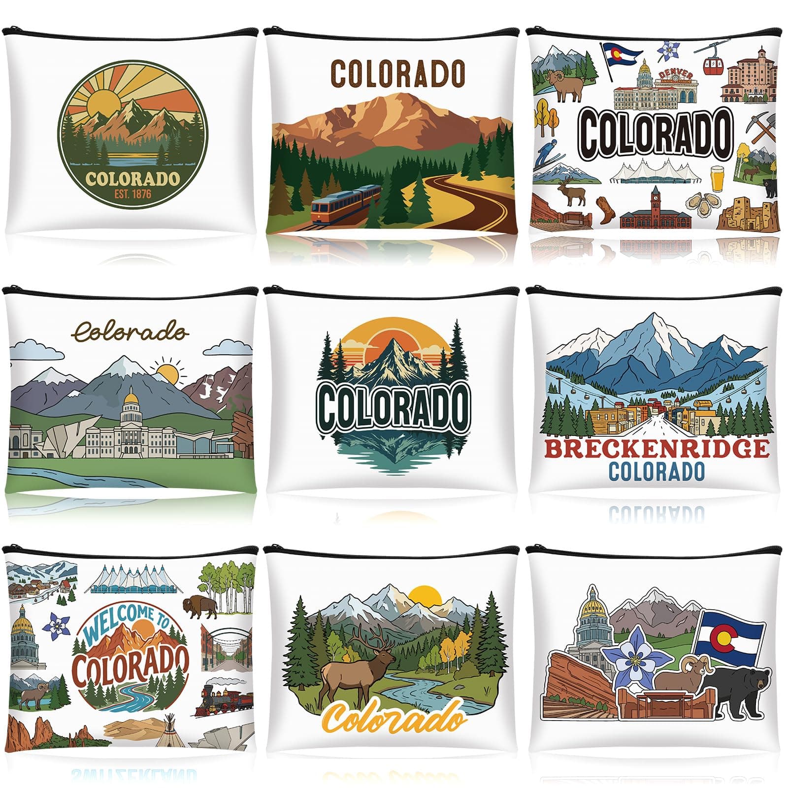 Huhumy 9 Pcs Cosmetic Bag New York Souvenir Zipper Pouch Los Angeles Souvenir Gifts Italy Paris Broadway Alaska Makeup Purse for Girls Women Traveler Birthday Christmas Party Favors, multicolor, 8.66