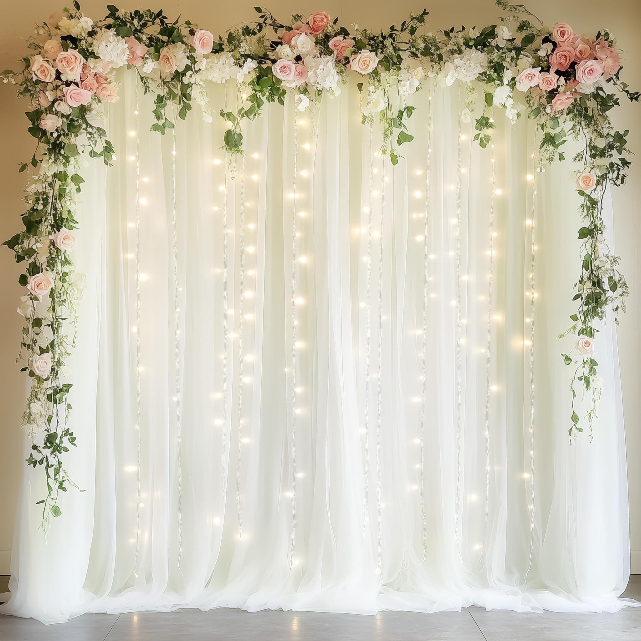 Fomcet Tulle Backdrop Curtains with Lights 10x8ft Sheer Ivory Curtain