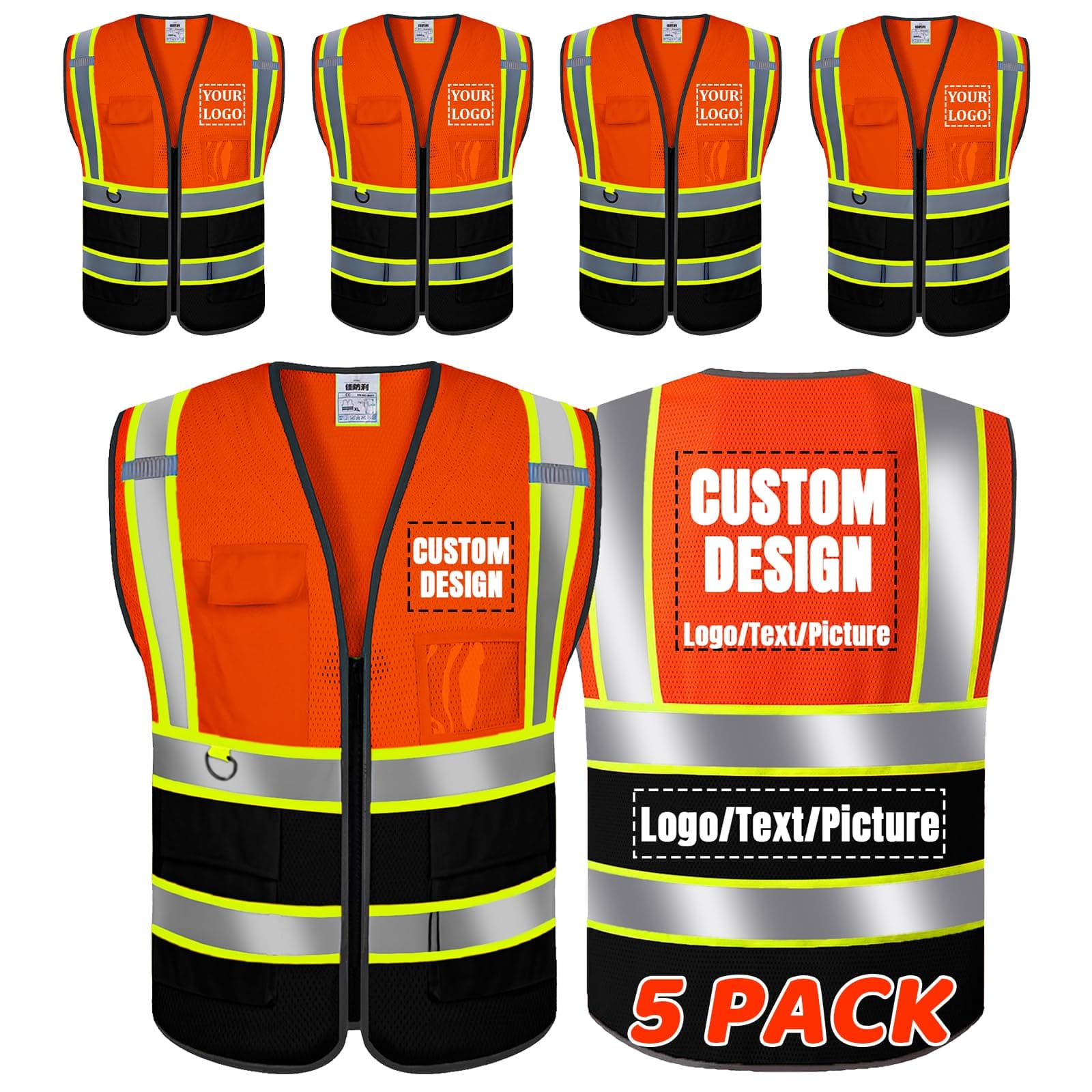 5 Pack Custom Logo Mesh Safety Vest Asin Class 2 High Visibility Reflective Vest Customized Workwear Personalized Apparel（OrangeBlack，3XL）