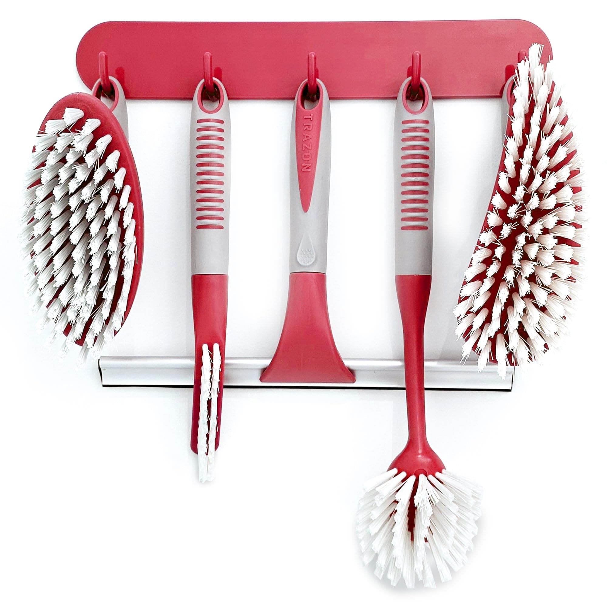 Scrub Brush Set of 6 pcs - Red or Blue Randomly Color, Cleaning Shower Scrubbers with Squeegee for Shower Glass & Adhesive Wall Hooks Including Grout Cleaner Brush for Cleaning Bathroom, Tile