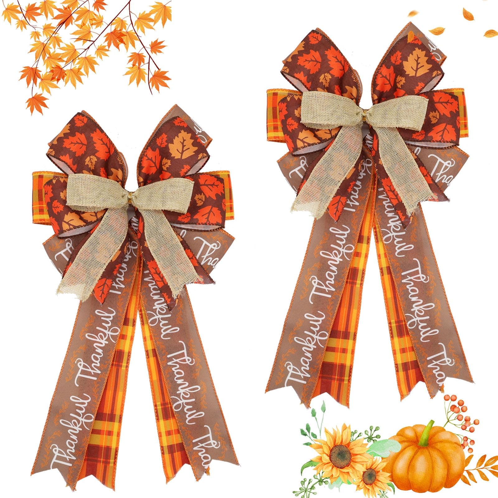 Large Fall Wreath Bows 20x11 Inch, 2 Pack Maple Burlap Wired Thanksgiving Bows for Wreath, Decorative Harvest Ornaments for Front Door Autumn Indoor Outdoor Party Decorations (Buffalo Plaid)