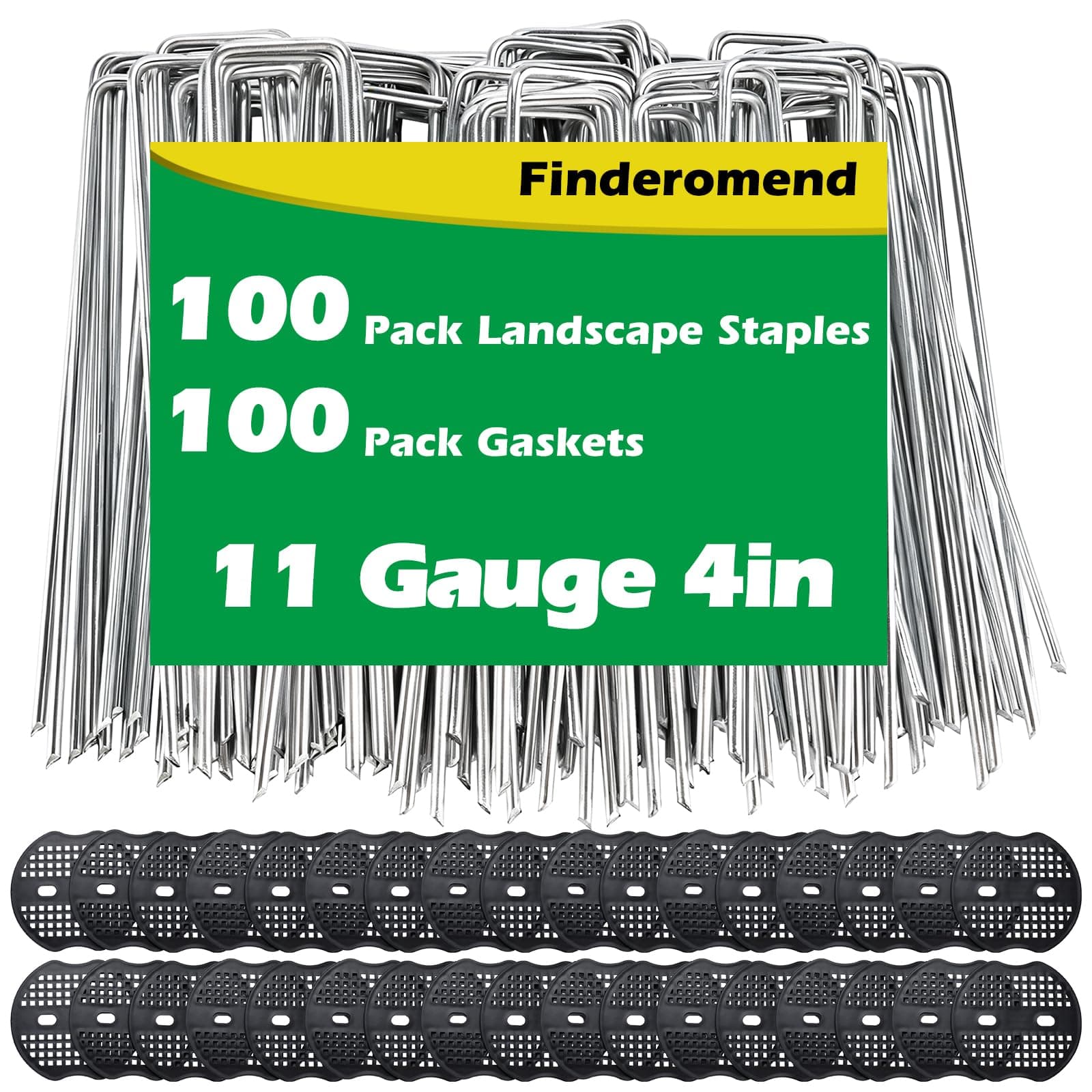 Finderomend 100 Pack Landscape Staples and 100 Pack Gaskets, 11 Guage 4" Galvanized Steel Garden Stakes with Black Pads,Landscape Pins Turf Staples for Securing Weed Barrier