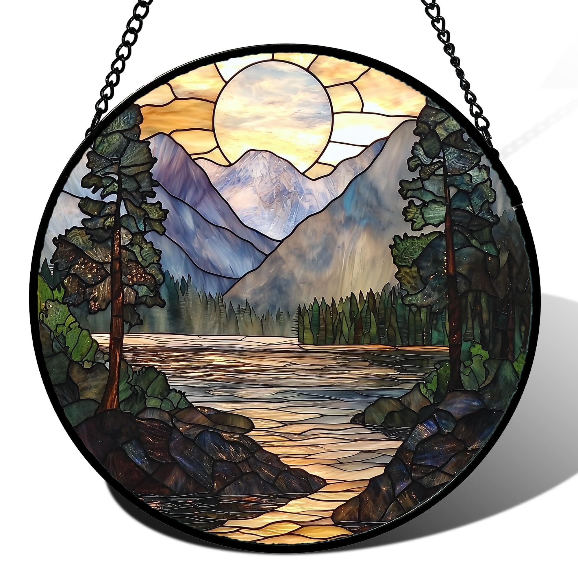 Mountain Lake Stained Glass Window Hanging Suncatcher Gifts for Women 15"