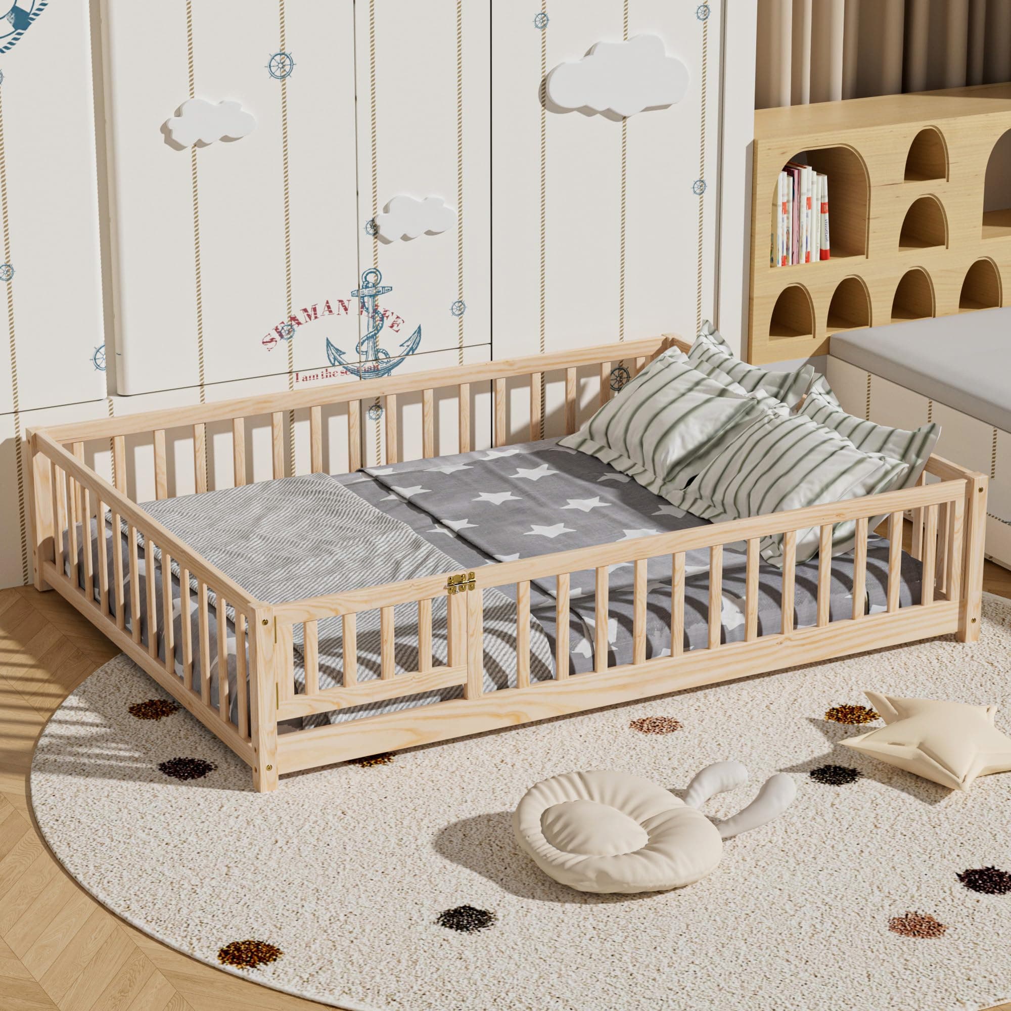 LLS Full Floor Bed for Children, Montessori With Wood Slats, Safety Fence & Small Door, Frame for Girls Boys, Natural (With Bed Slats)