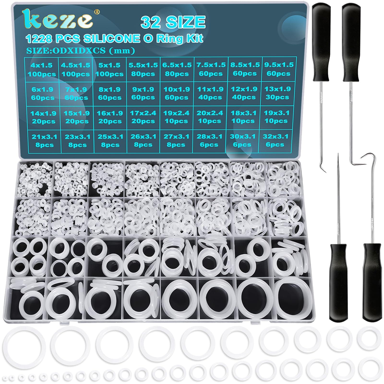 KEZE 1228 Pcs 32 Size Clear Food Grade Silicone O Rings Assortment Kit with Pick and Hook,White Heat Resistance VMQ Seal Oring Set Metric OD:4-32mm