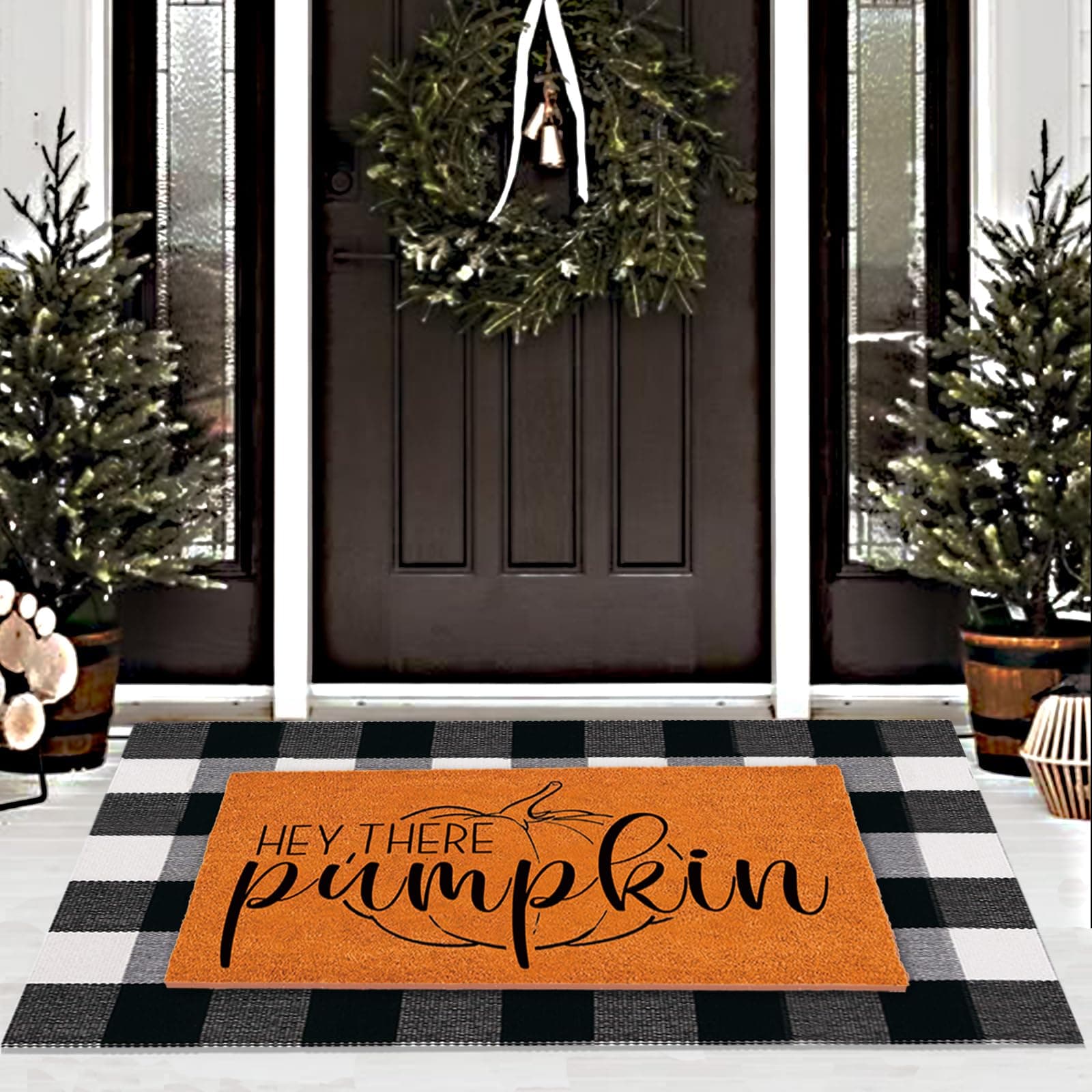 Fall Door Mat Outdoor Rugs Combo Set, Hey There Pumpkin Welcome Doormat + 28x43 Inches White Black Buffalo Plaid Rug Combo Set, Halloween Autumn Thanksgiving Front Porch Entryway Decor Floor Mats