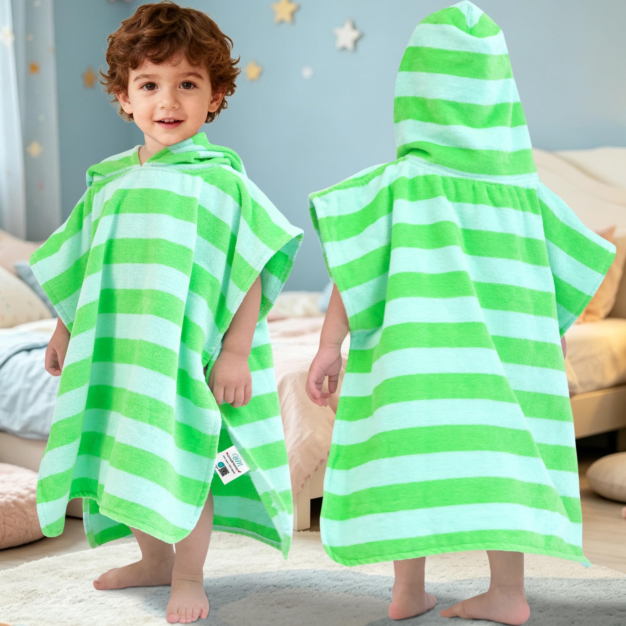 VOOVA & MOVAS Hooded Poncho Towel 1-3Y,100% Cotton, Green‑Bar Stripe