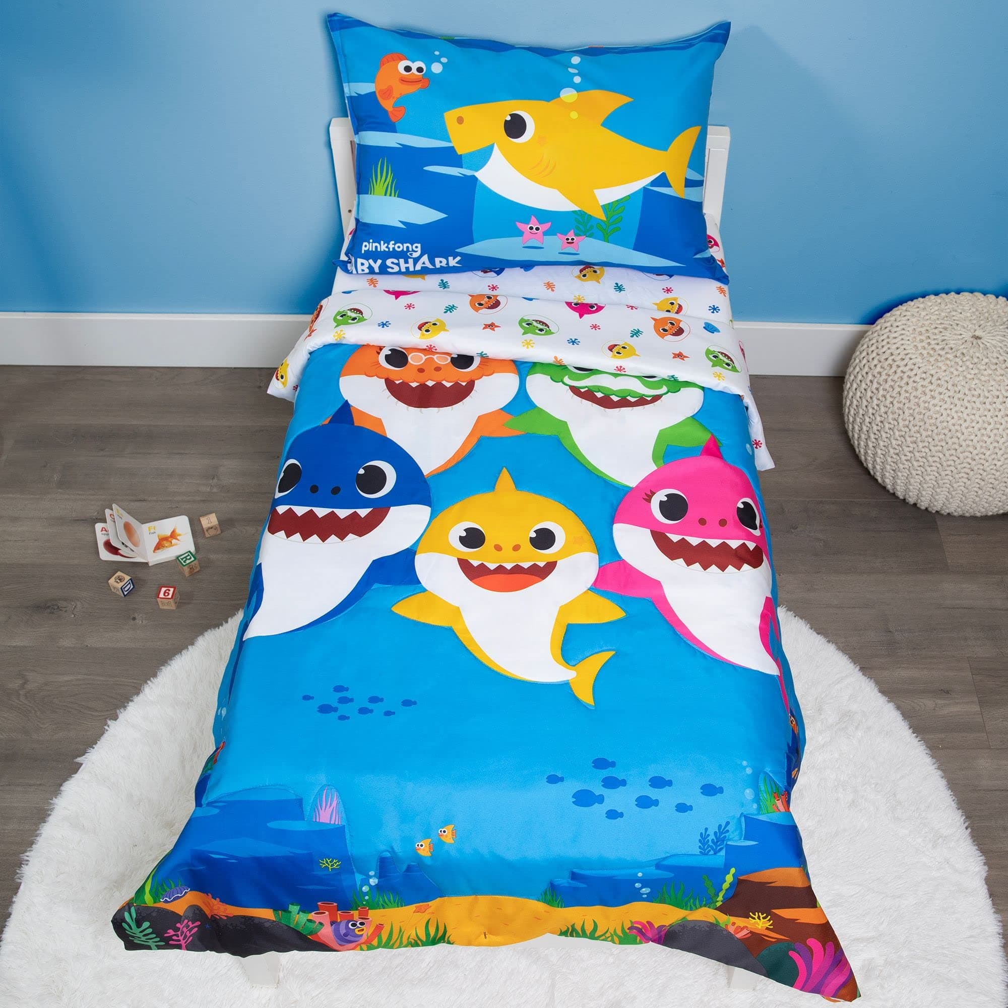 Baby Shark 4 Piece Toddler Bedding Set - Includes Quilted Comforter, Fitted Sheet, Top Sheet, and Pillow Case