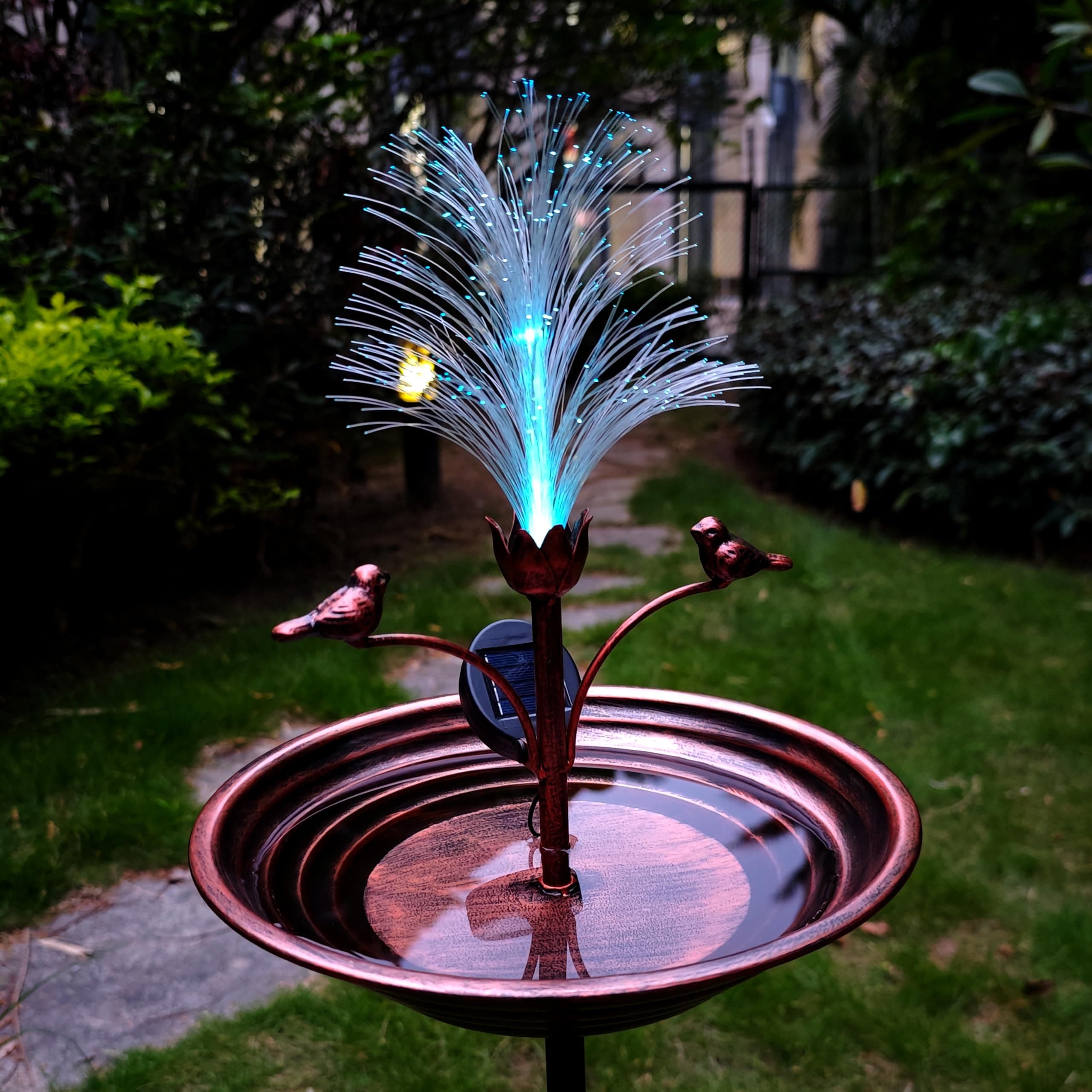 Yardancer Solor Bird Bath for Outside, 43in Optical Fiber Bird Bathtub Solar Stake-Brown Vintage Freestanding Birdbaths for Outdoors, Double Metal Bird Bath Feeder Bowls for Garden Lawn Decor