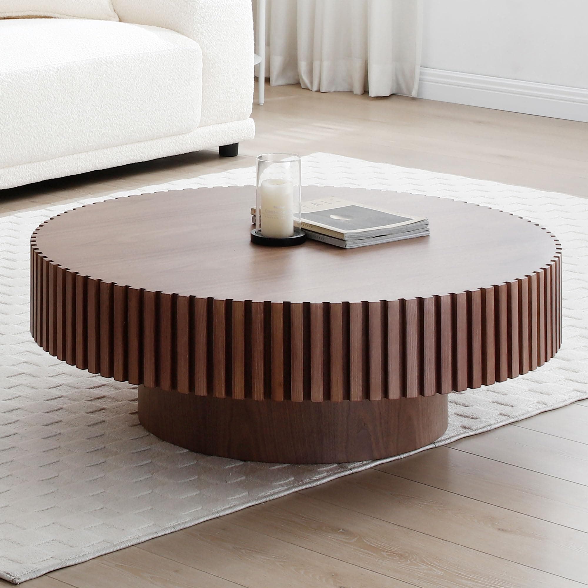 31.49'' Walnut Round Coffee Table for Apartment, Modern Living Room Coffee Table with Sturdy Pedestal