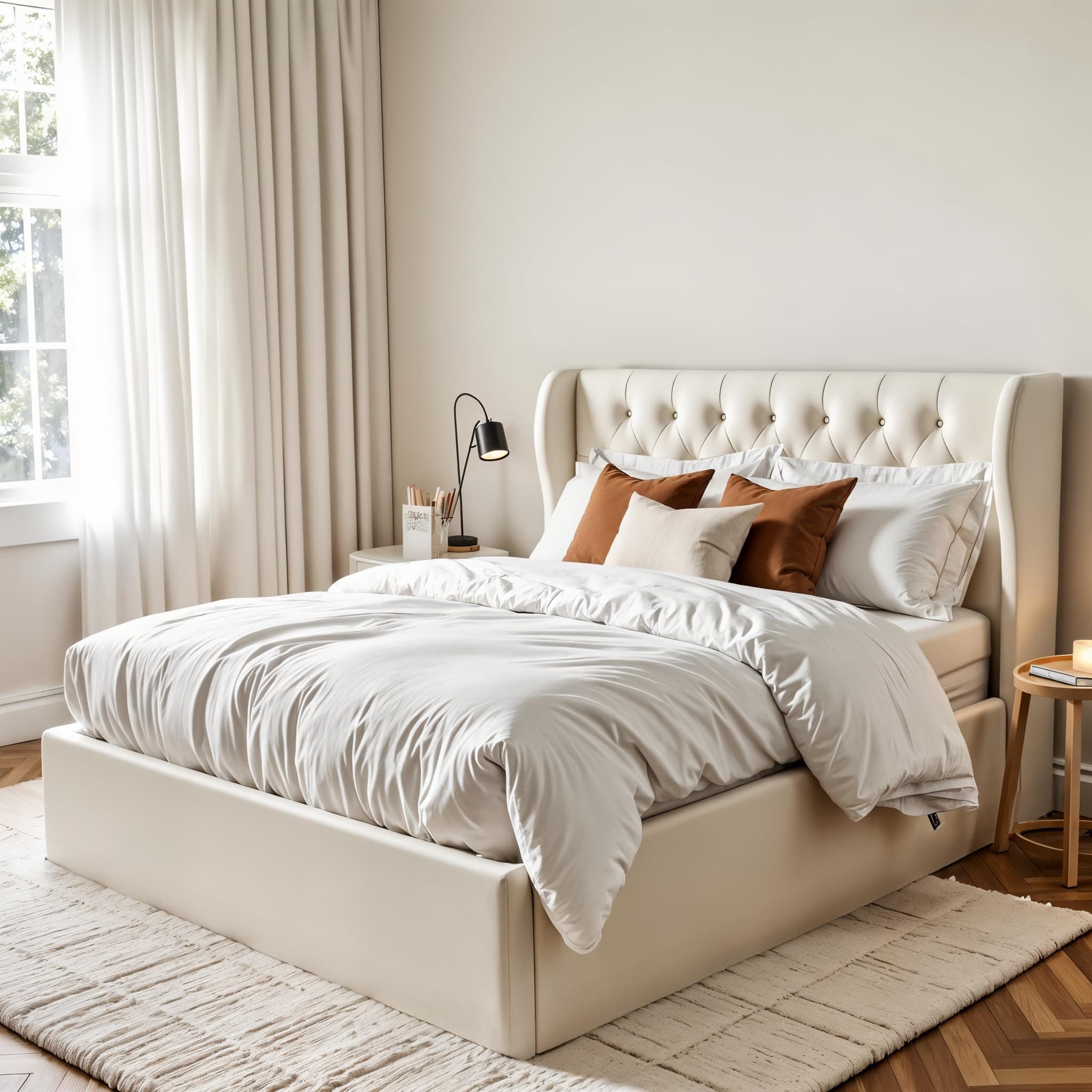 Aykah Velvet Upholstered Tufted Storage Bed, Foam Filled Luxury Fabric, Low Profile Platform, Metal Bed Frame with High Headboard, Wood Slat Support, Modern Design (Ivory, Double)