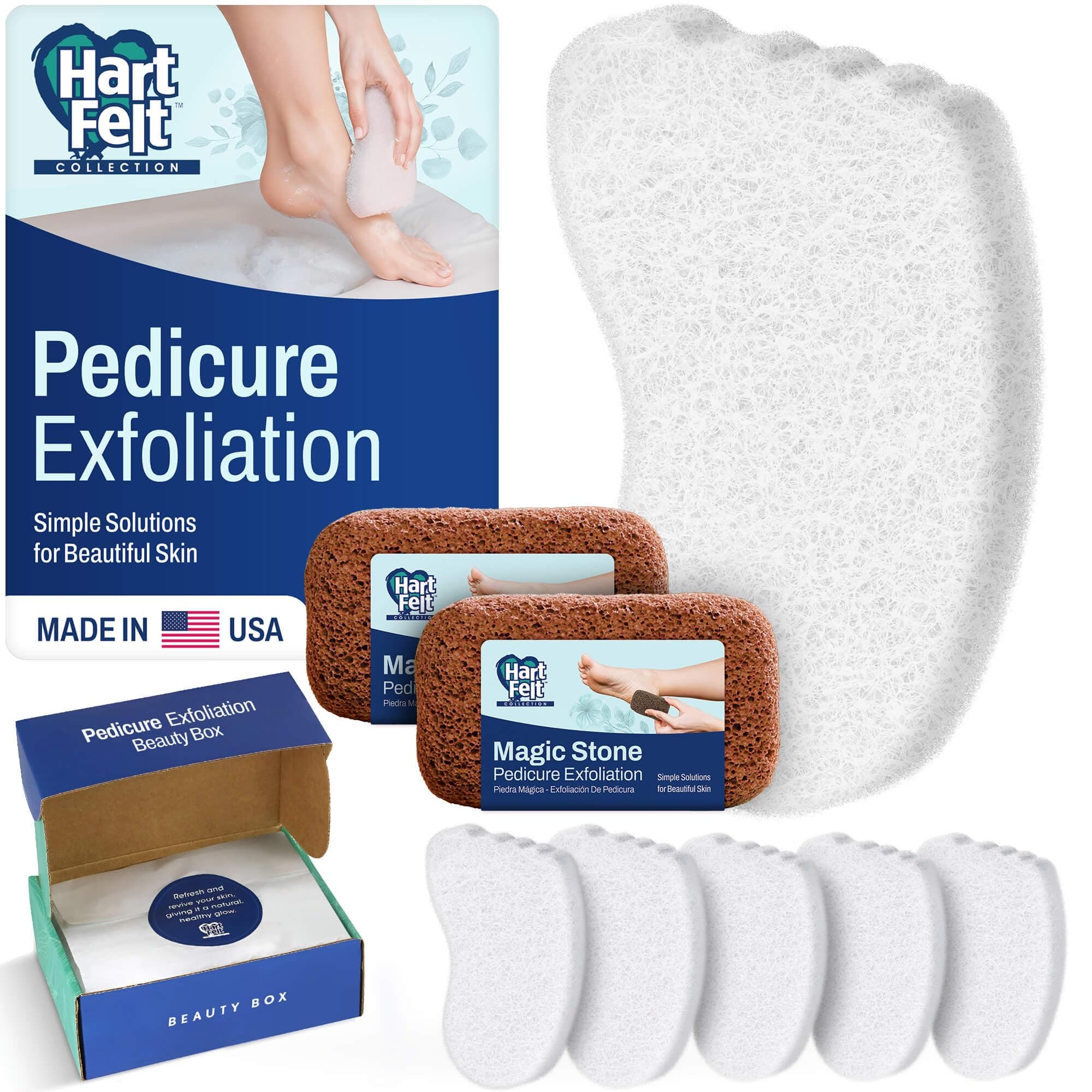HartFelt Pedicure Exfoliation Beauty Box with Foot Scrub Exfoliating Bath Sponges and Magic-Stone Pedicure Scrubs