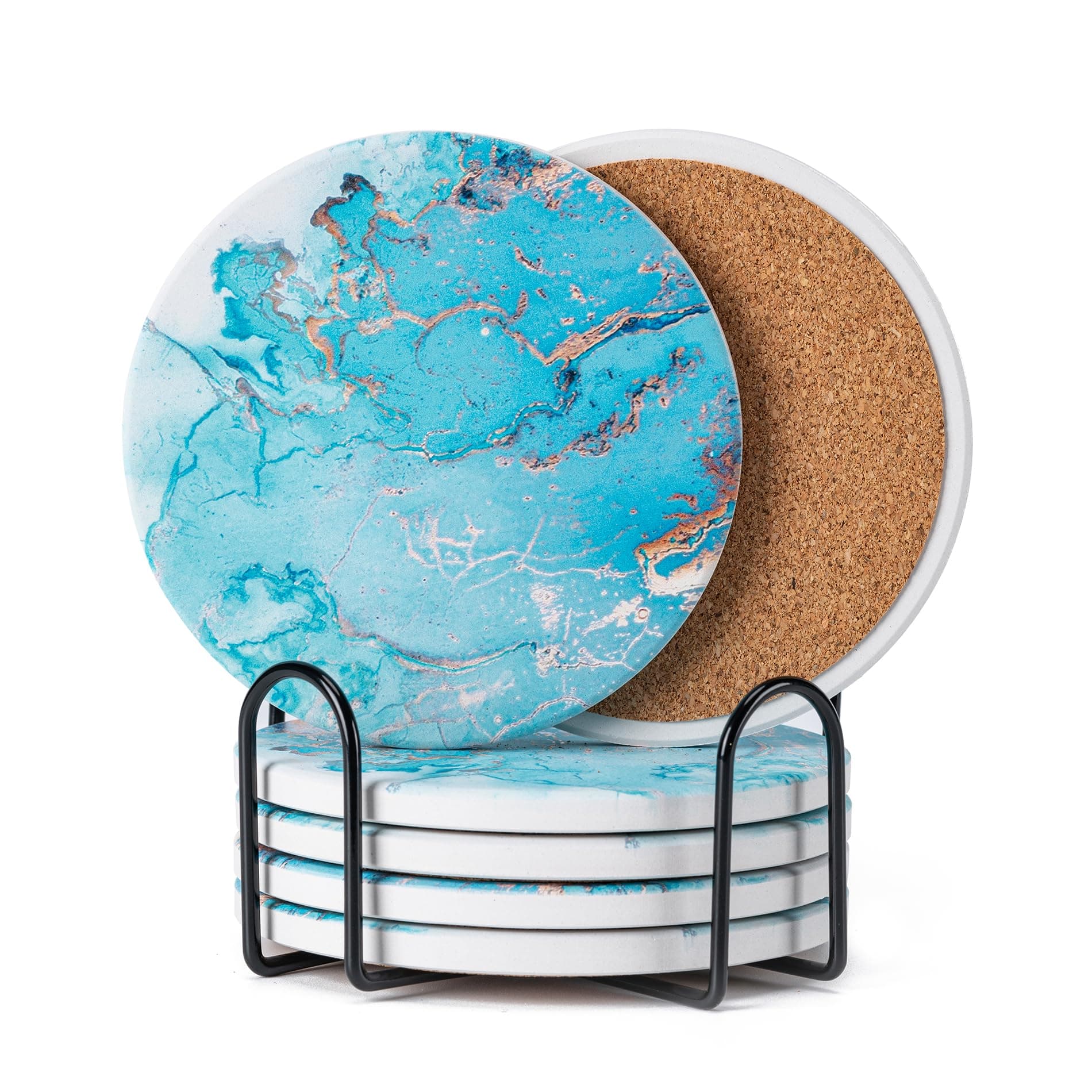 Hoewina 6Pcs Drink Coasters with Holder, Marble Style Ceramic Drink Coaster, Absorbent Coasters Set Suitable for Kinds of Cups, Modern Style Coasters for Coffee Table, 4 Inches（Ocean Style）