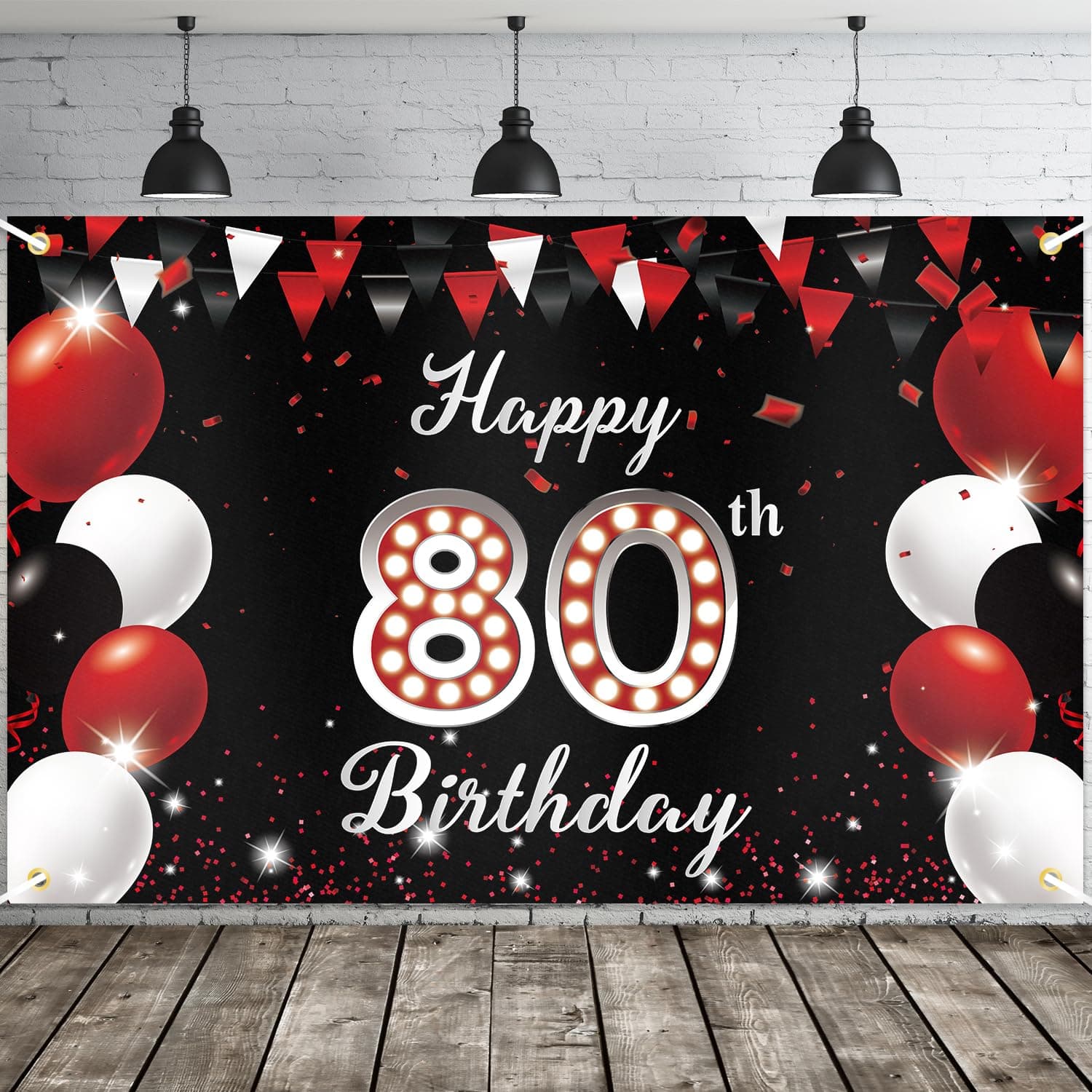 JOYKY Happy 80th Birthday Banner, Red Black Happy 80th Birthday Party Decorations for Men Women, 80 Year Old Birthday Supplies Backdrop Décor, 5.9 X 3.8 Fts