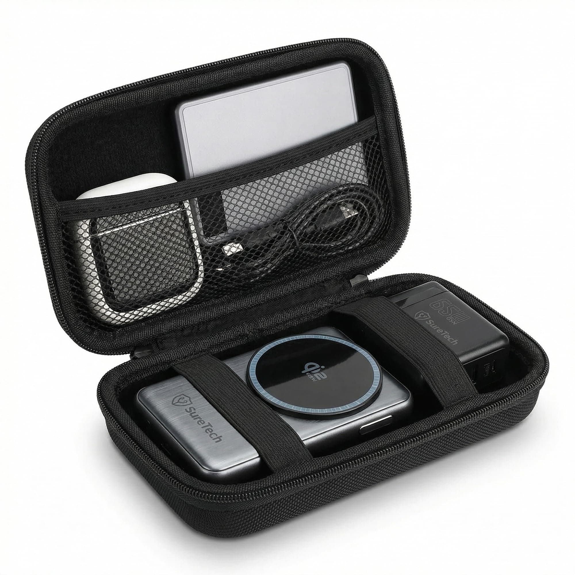 SureTech Protective Travel Case with Mesh Pocket and Elastic Band, Hard Shell Storage Organizer for Wireless Chargers, Black