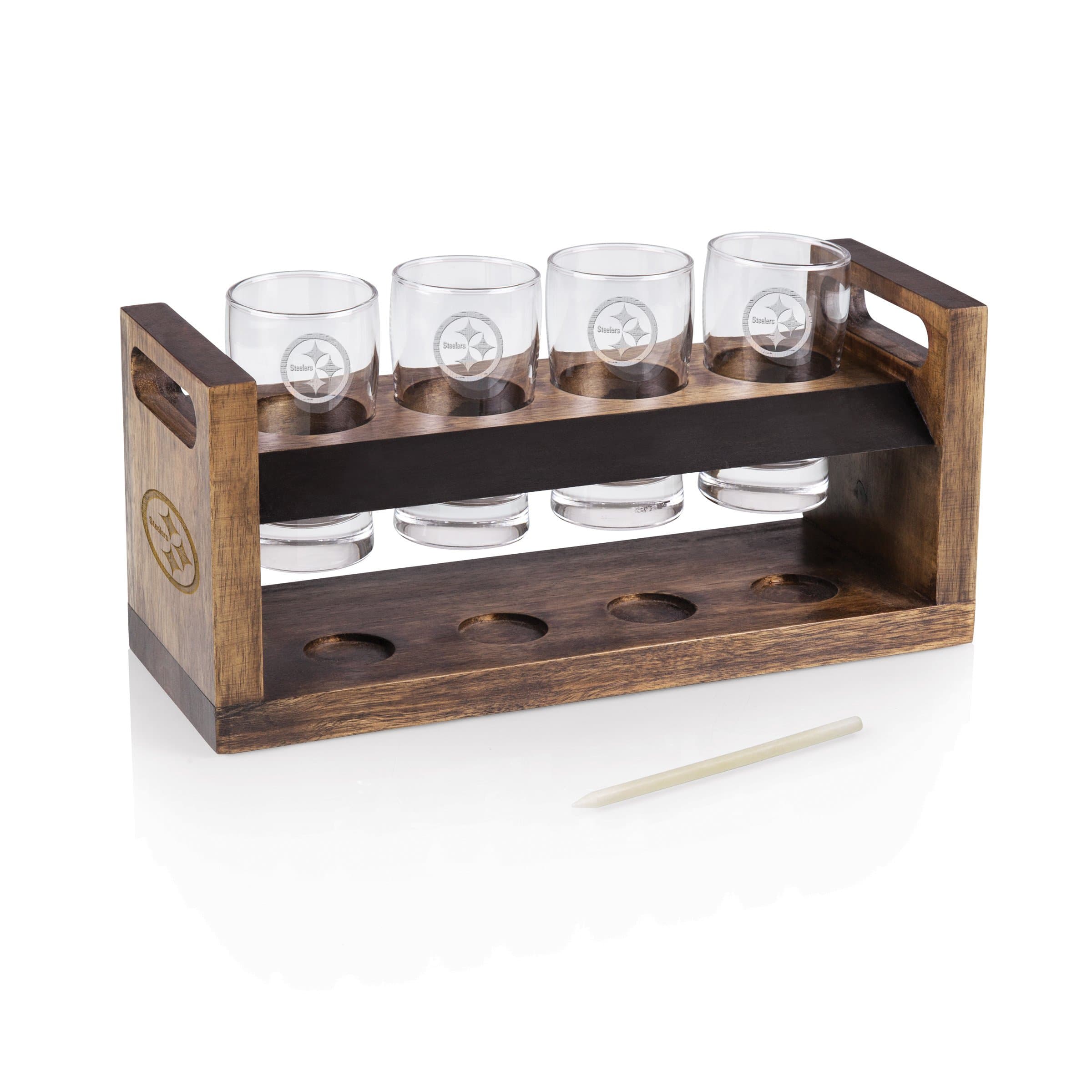 NFL Craft Beer Flight Set - Beer Glasses Set - Gifts for Beer Lovers, (Acacia Wood)
