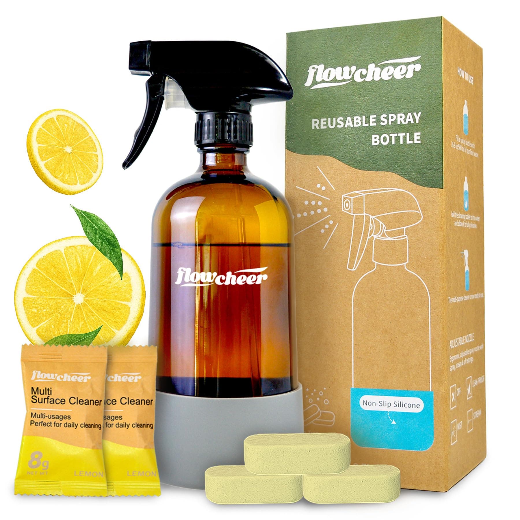flowcheer Multi-Purpose Cleaner Starter Kit-Lemon Scent all purpose cleaner concentrate,cleaning tablets (6 Refill tablets) with Reusable Spray Bottle Multi-Surface Cleaner, 6x17fl oz