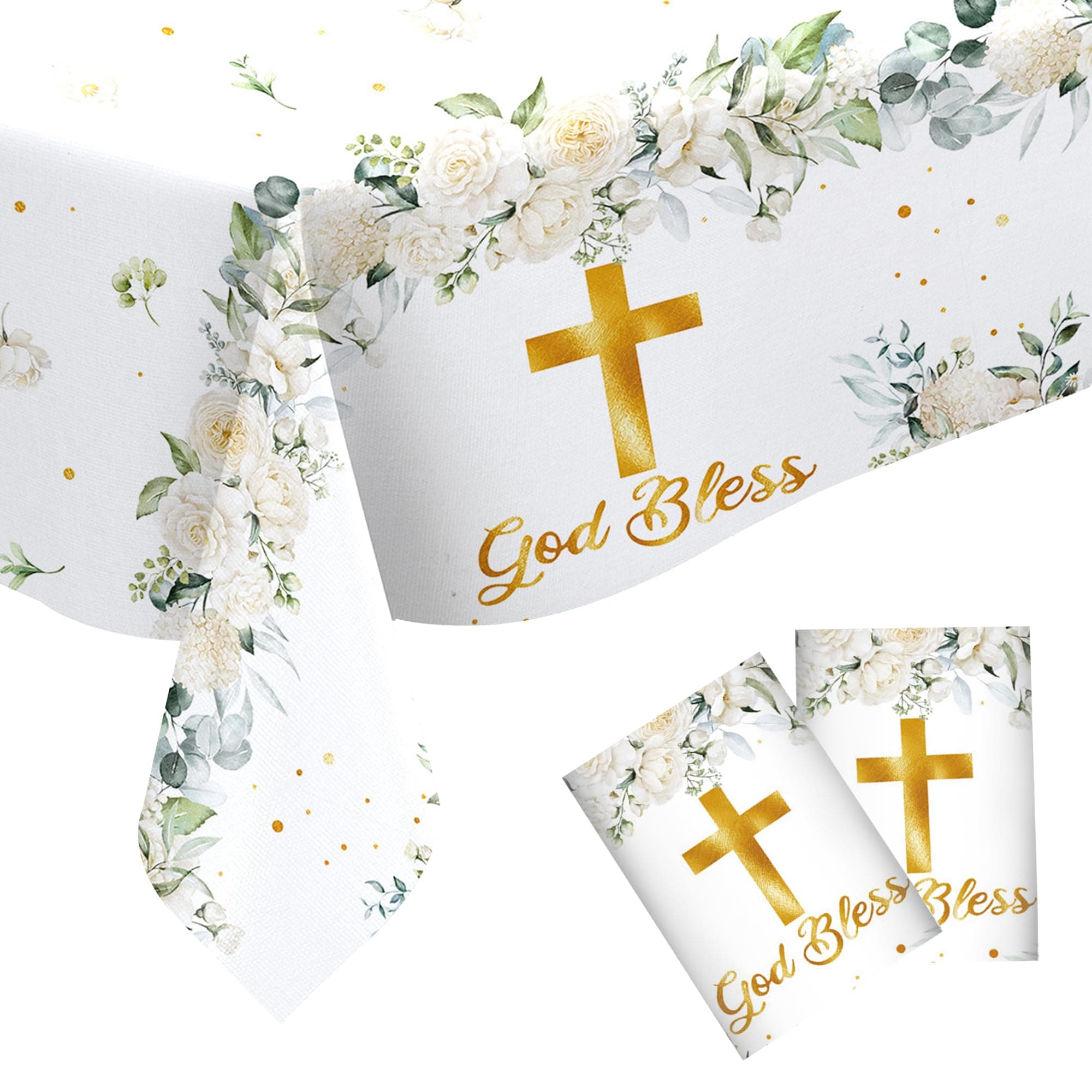 Heyiminy 2Pcs First Communion Decorations God Bless Baptism Tablecloth Disposable Waterproof Cross Rectangle Table Covers First Communion Table Cloth for Girls Boys Baby Shower Party Supplies (White)