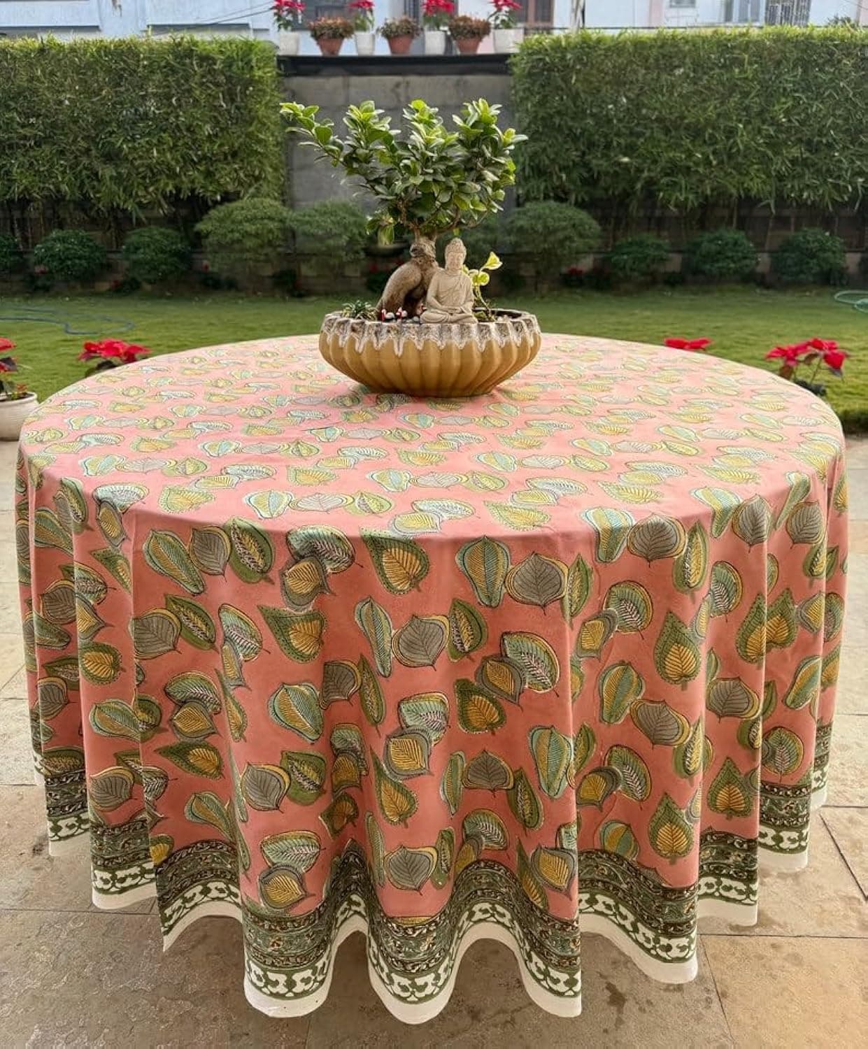 Ridhi Round Tablecloth Hand Block Print 100% Cotton Reusable Salmon Pink 110 Inch Table Cover Decorative Everyday Use for Dining, Home, Party, Wedding, Farmhouse, Party Gift for Spring, Mother's Day