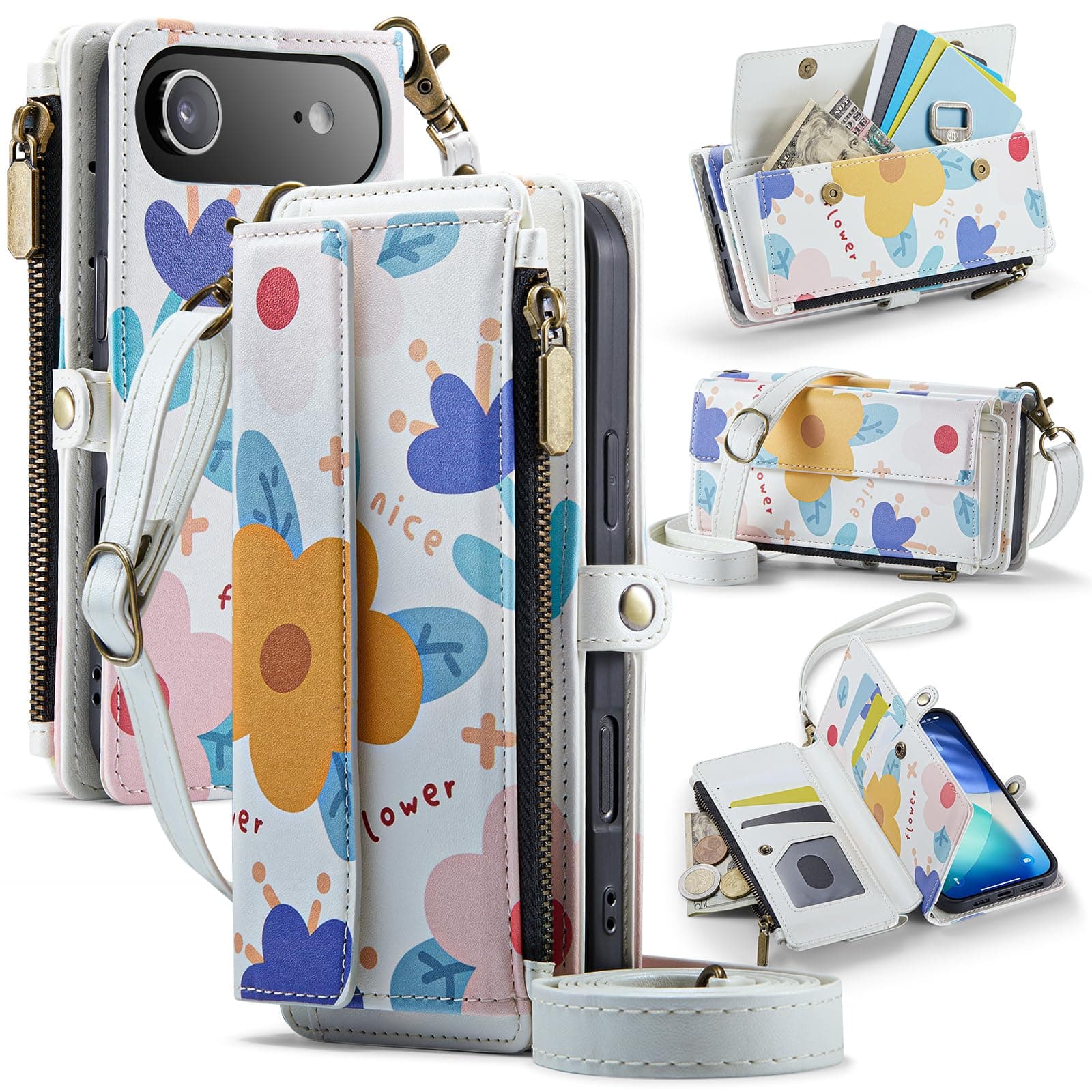 YWKJ for iPhone Air Case Wallet with RFID Blocking Card Holder Colored Drawing PU Leather Magnetic Snap Flip Zipper Strap Wallet Phone Case Fit for iPhone 17 Air,Round Flowers