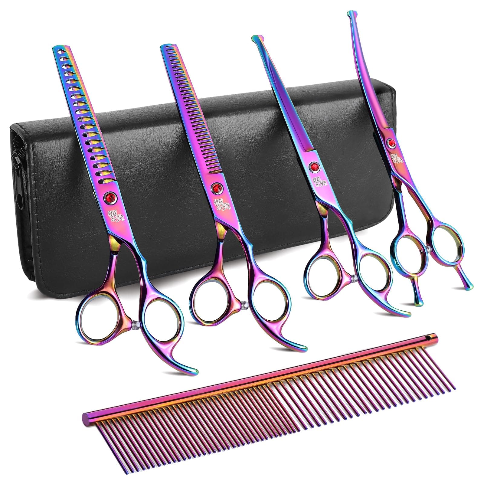 DRGSKL 7 Inch Dog Grooming Scissors Set, Multicoloured, Premium Japanese 440c Stainless Steel Straight Scissors, Thinning Scissors, Curved Scissors, Chunker Scissors with Steel Comb for Precise