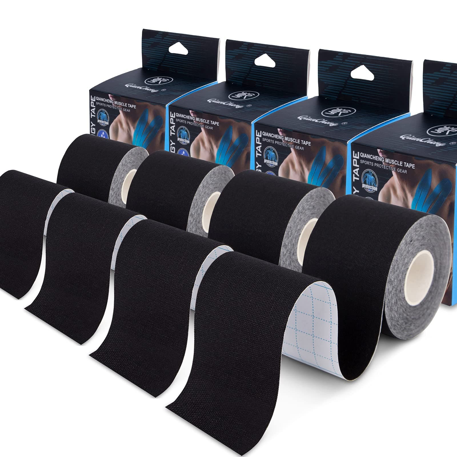 Pack of 4 Kinesiology Tape for Sports Athletes - 16 FT Waterproof Athletic Tape for the Knee, Elbow and Shoulder Muscles, etc. (Black 5 m x 5 cm)