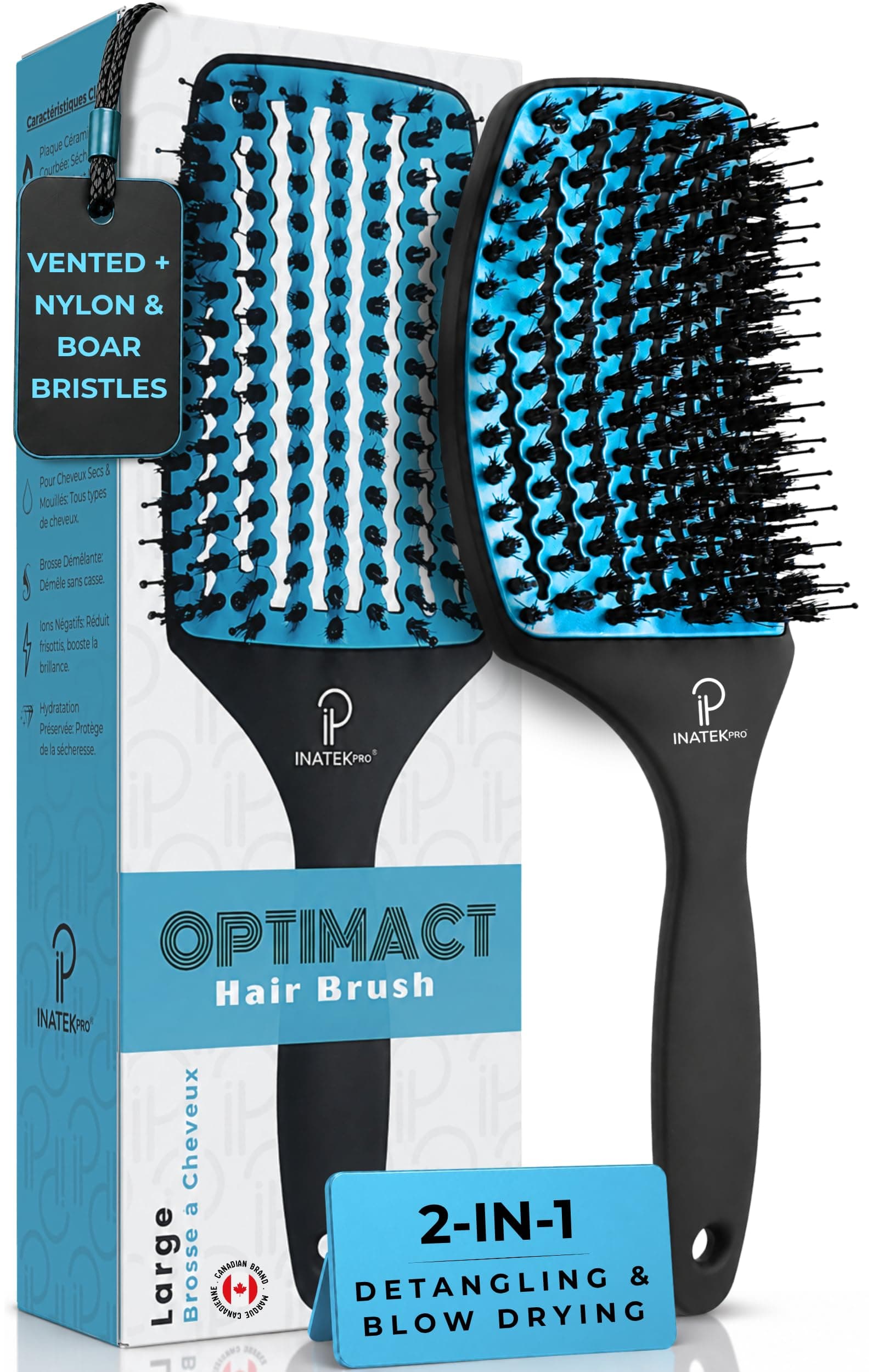 INATEKPRO Boar Bristle Hair Brush for Women, 2-in-1 Vented Ceramic Blow Dry Brush, Boar & Nylon Bristles to Detangle, Smooth & Add Shine, Curved Wet & Dry Hair Brush, Anti-Frizz Smoothing Brush
