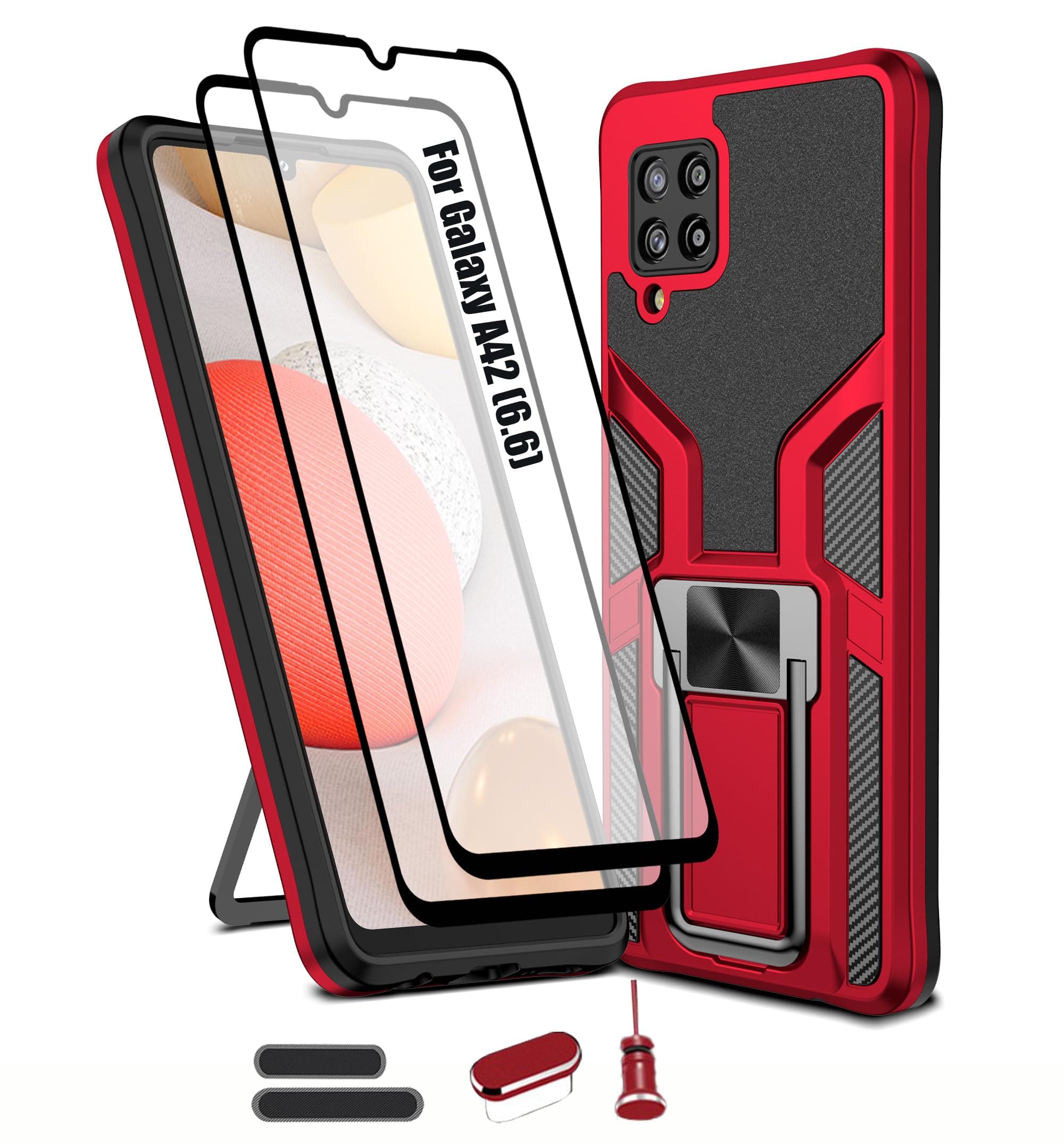LMDAMZ Compatible Samsung Galaxy A42 5G, Anti-Fall Heavy Duty Military Grade Shockproof Kickstand Case Double Protection (TPU+PC) Solid and Durable Magnetic Car Phone Case, Suitable for 6.6 Inch-Red