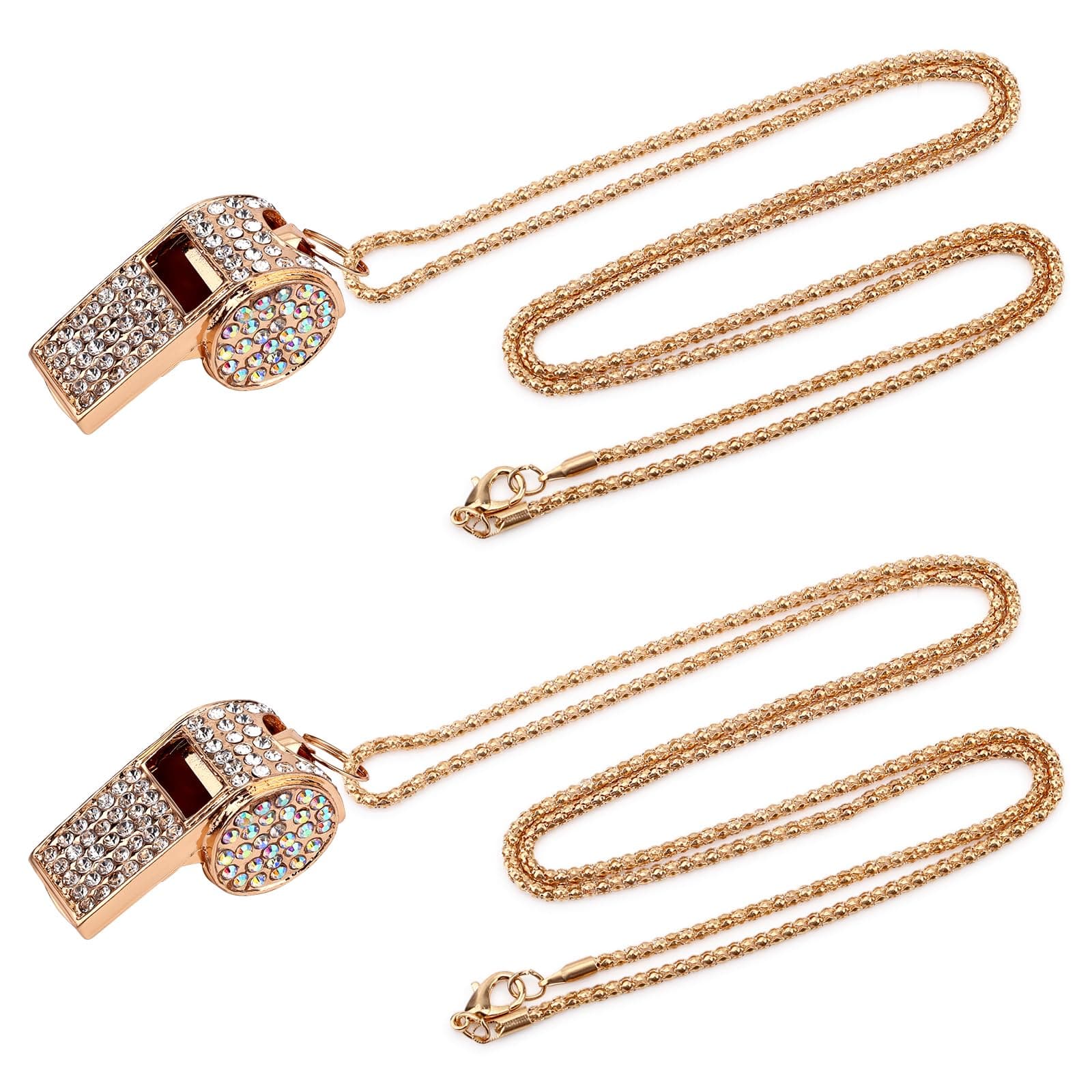 Tinoaly 2pcs Bling Whistle Crystal Rhinestone Necklace, Metal Golden Bling Loud Crisp Sound Whistle with Chain Lanyard for Referee Coach Teacher Sports Training
