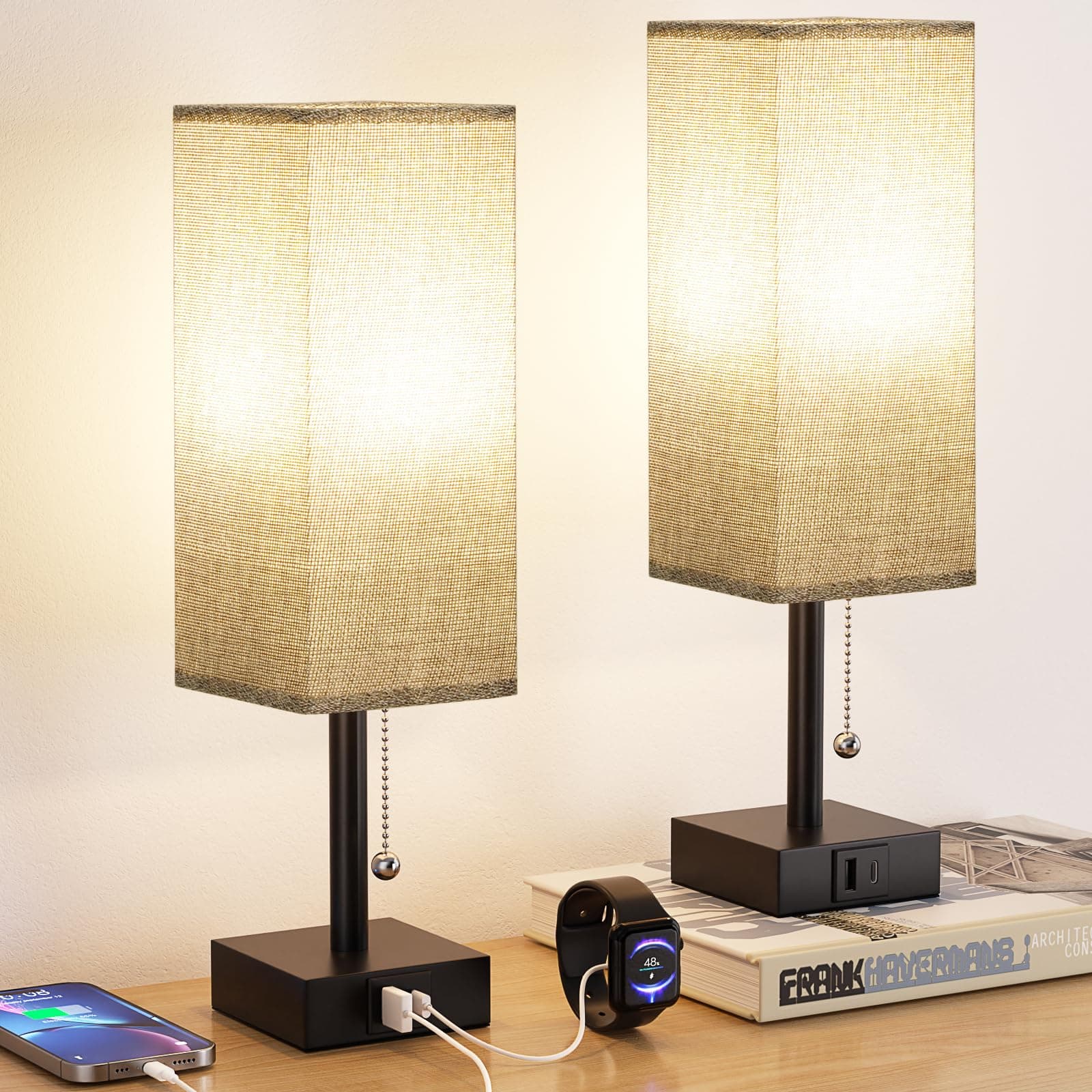 Fenmzee Bedside Lamps Set of 2 - Pull Chain Table Lamp with Bulbs（Gray）