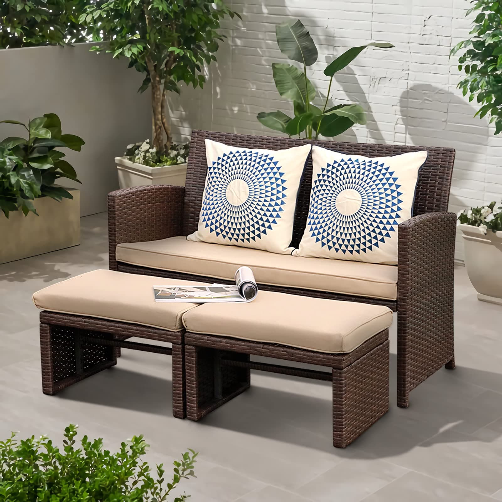 OC Orange-Casual 3 Piece Patio Furniture Set Outdoor Conversation Set All-Weather Wicker Loveseat with Ottoman/Side Table, Brown Rattan, Beige Cushion